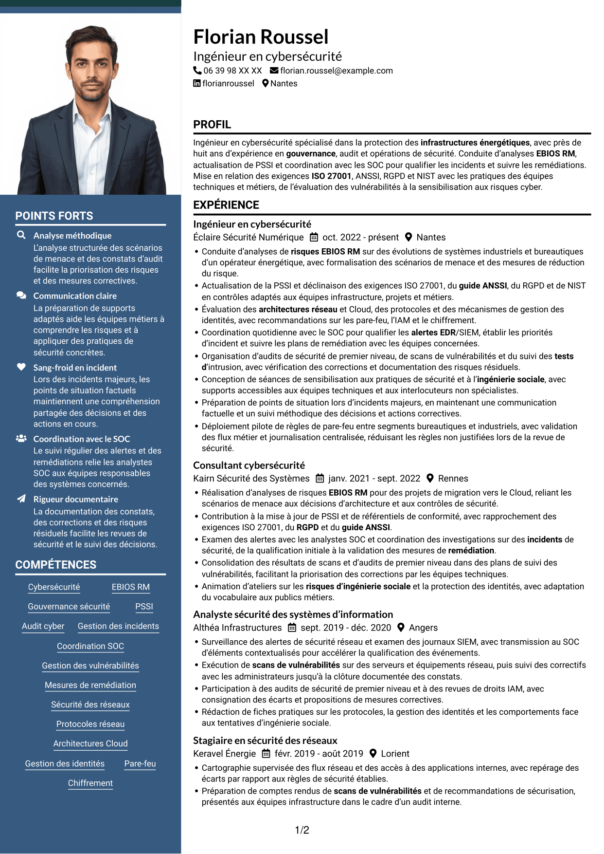 CV Signature (format à colonne latérale colorée avec grande photo) : Ingénieur en cybersécurité - Infrastructures énergétiques, page 1