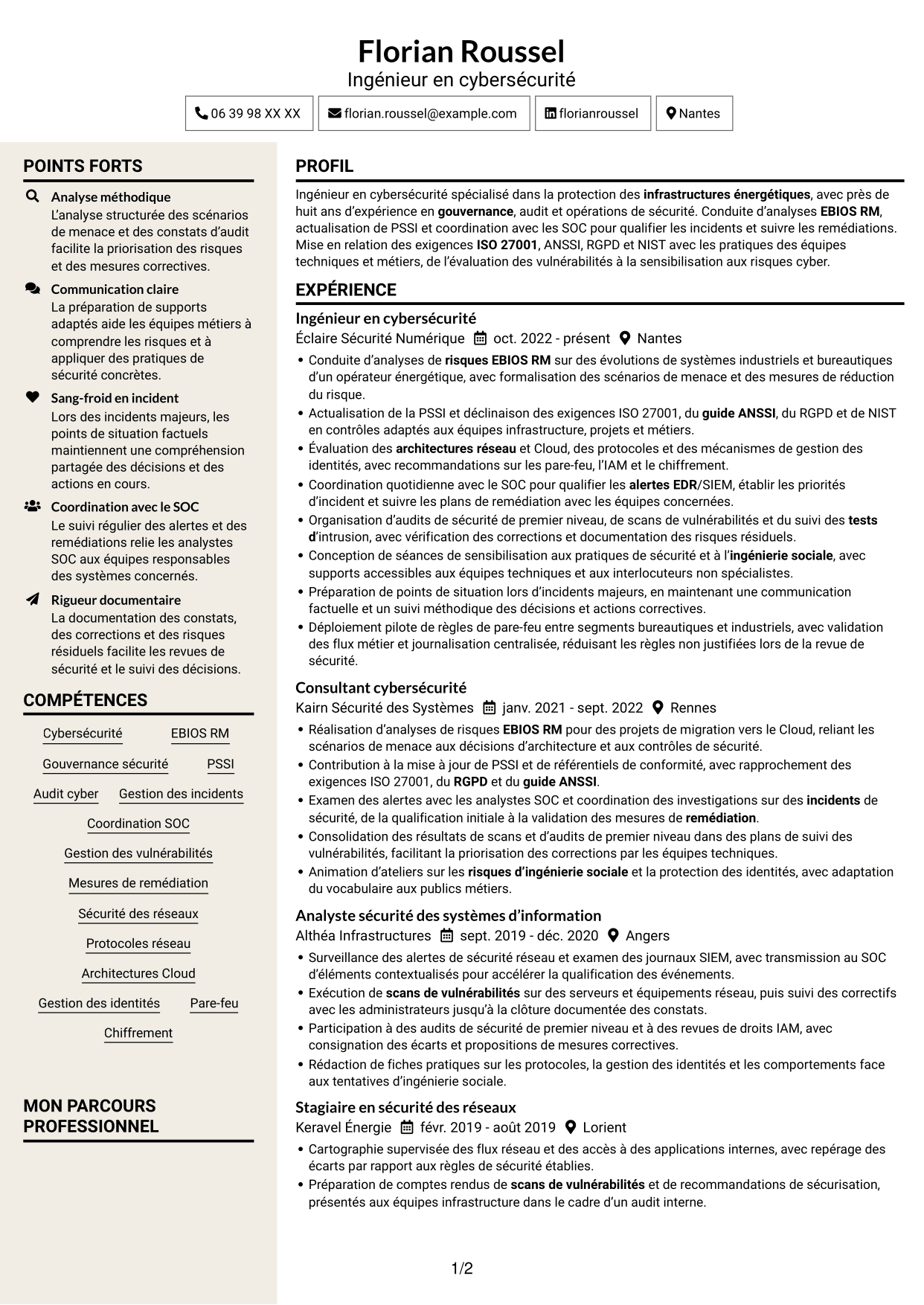 CV Fonceur (format à deux colonnes avec en-tête centré sans photo) : Ingénieur en cybersécurité - Infrastructures énergétiques, page 1