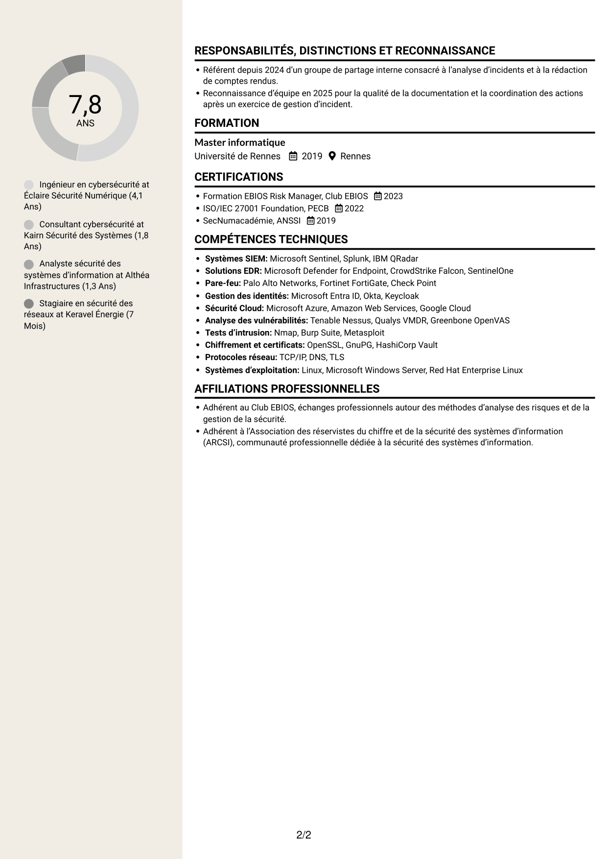 CV Fonceur (format à deux colonnes avec en-tête centré sans photo) : Ingénieur en cybersécurité - Infrastructures énergétiques, page 2