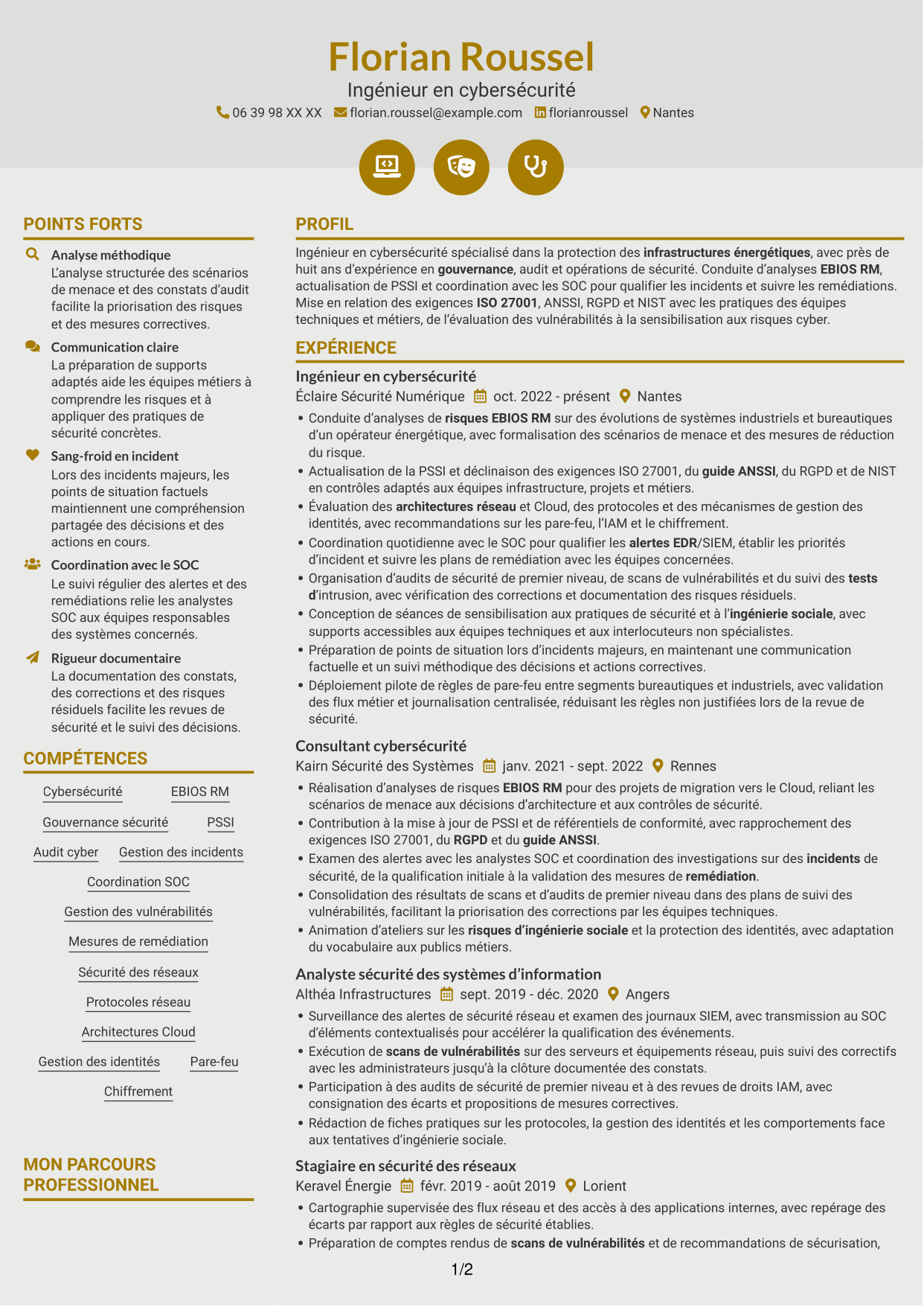 CV Dynamique (format à deux colonnes avec icônes) : Ingénieur en cybersécurité - Infrastructures énergétiques, page 1