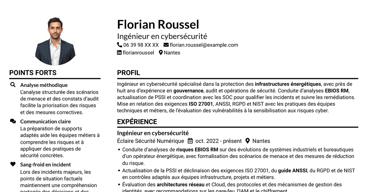 7 modèles de CV pour Ingénieur en cybersécurité - Infrastructures énergétiques, avec exemples