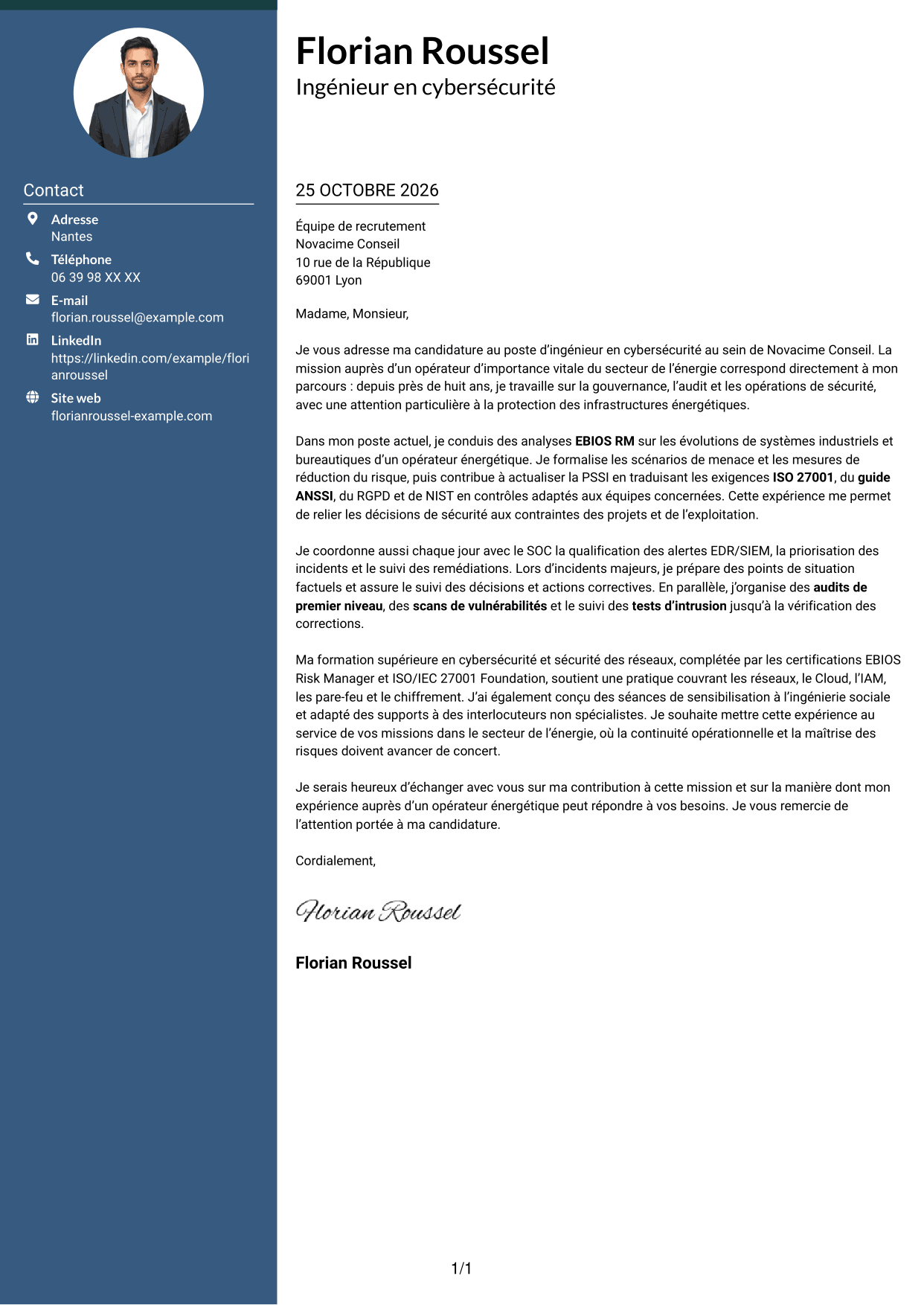 Lettre de motivation Élégant (format à colonne latérale colorée avec photo) : Ingénieur en cybersécurité - Infrastructures énergétiques, page 1
