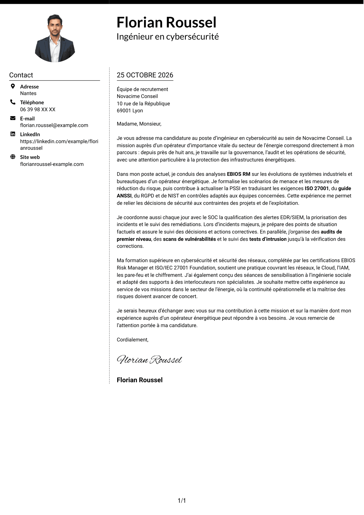 Lettre de motivation Moderne (format à deux colonnes avec photo à gauche et séparateur) : Ingénieur en cybersécurité - Infrastructures énergétiques, page 1