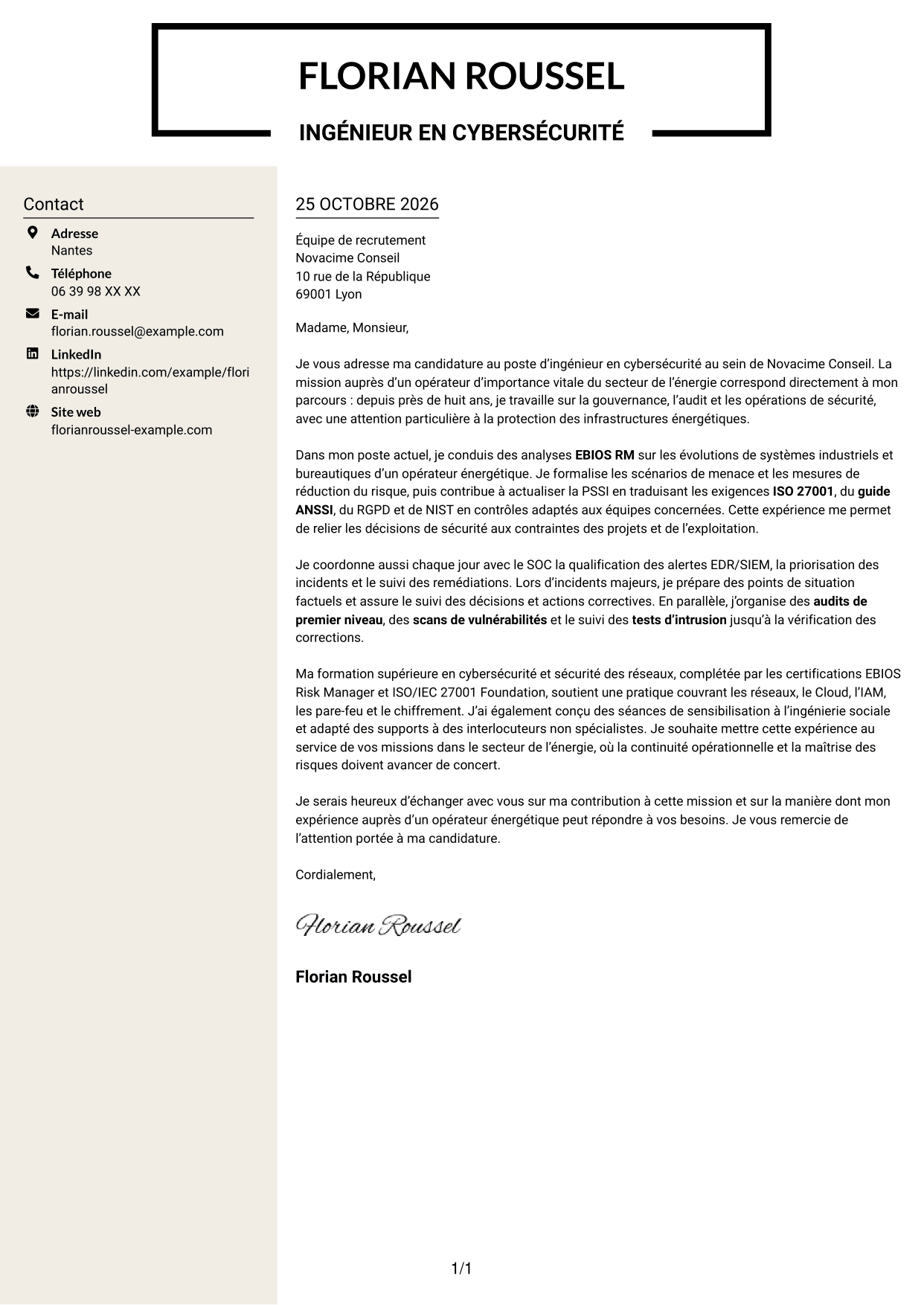 Lettre de motivation Fonceur (format à deux colonnes avec en-tête centré sans photo) : Ingénieur en cybersécurité - Infrastructures énergétiques, page 1