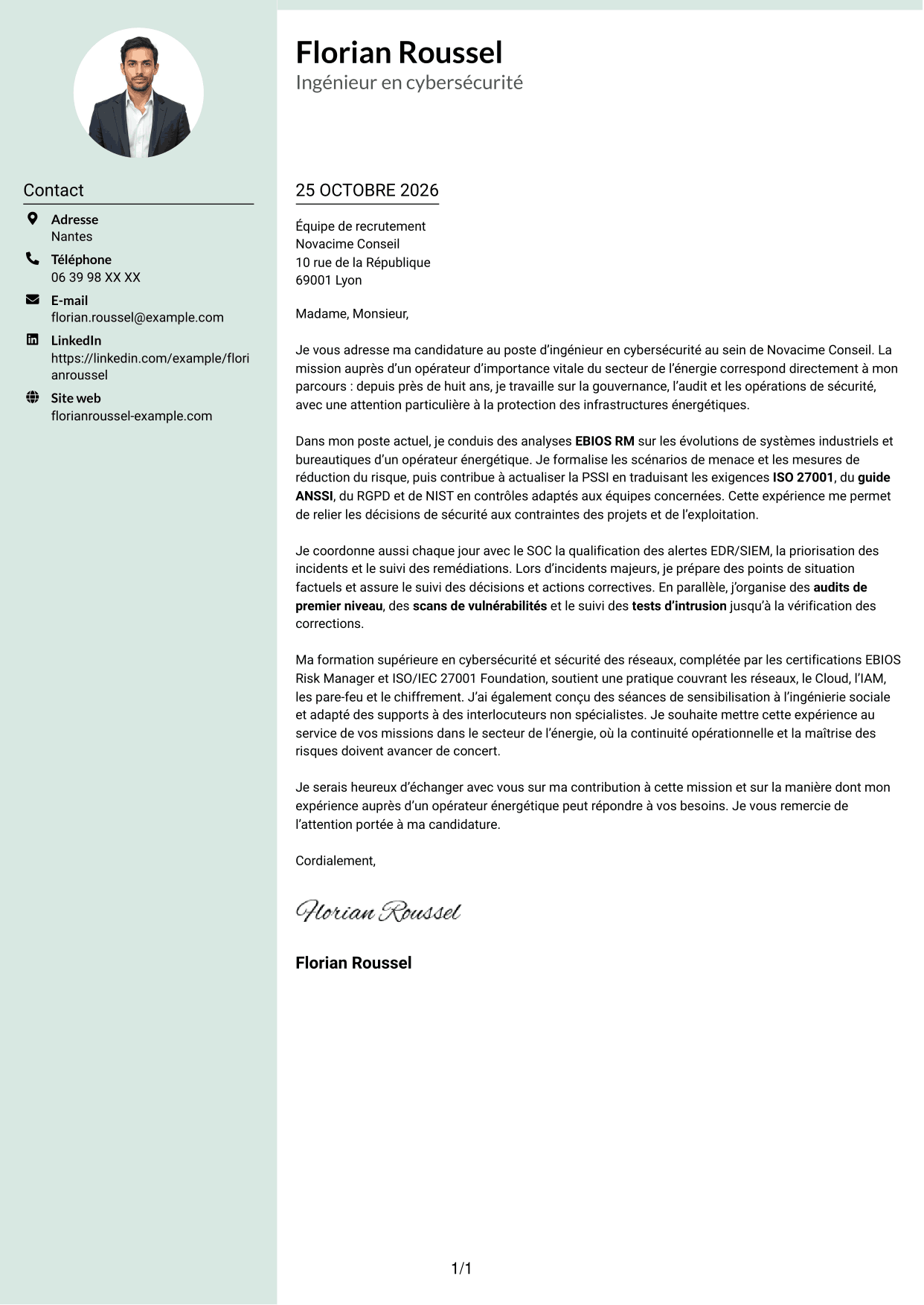 Lettre de motivation Cadre (format à colonne latérale douce avec photo arrondie) : Ingénieur en cybersécurité - Infrastructures énergétiques, page 1