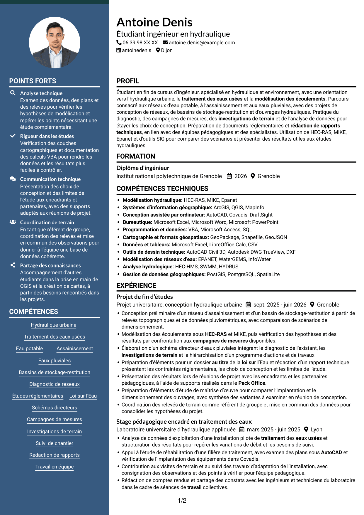 CV Élégant (format à colonne latérale colorée avec photo) : Ingénieur en hydraulique urbaine et traitement, page 1