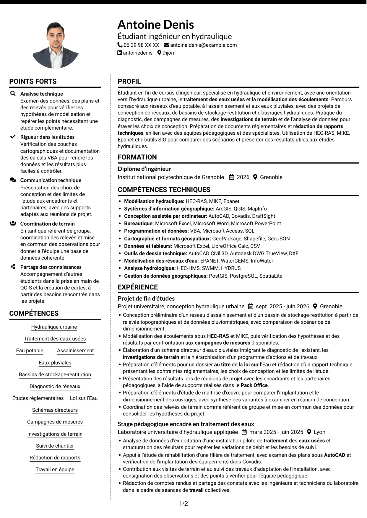 CV Moderne (format à deux colonnes avec photo à gauche et séparateur) : Ingénieur en hydraulique urbaine et traitement, page 1