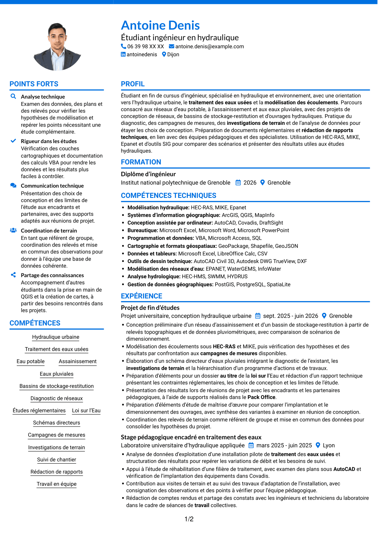 CV Audacieux (format à deux colonnes avec accents colorés et photo) : Ingénieur en hydraulique urbaine et traitement, page 1