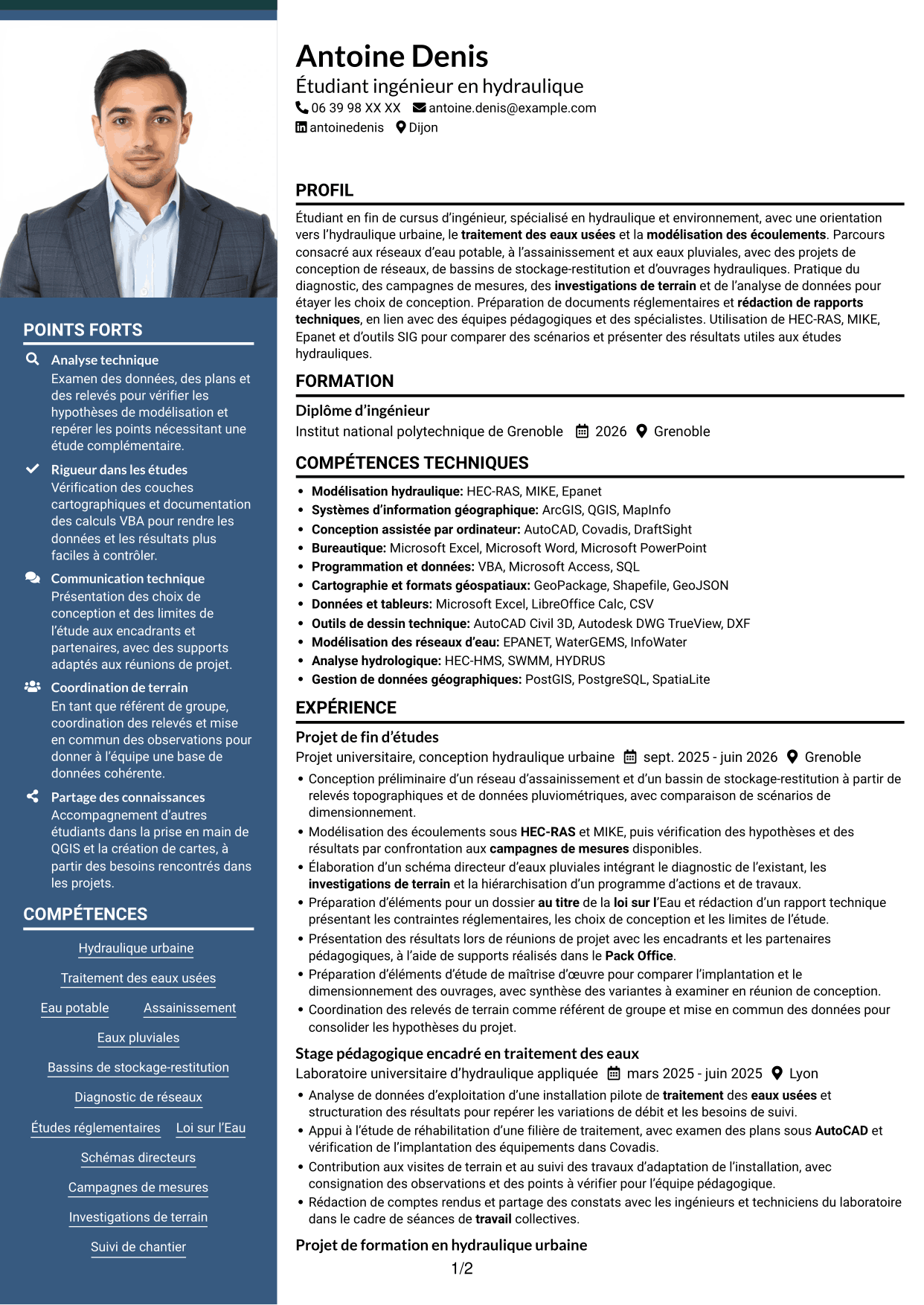 CV Signature (format à colonne latérale colorée avec grande photo) : Ingénieur en hydraulique urbaine et traitement, page 1