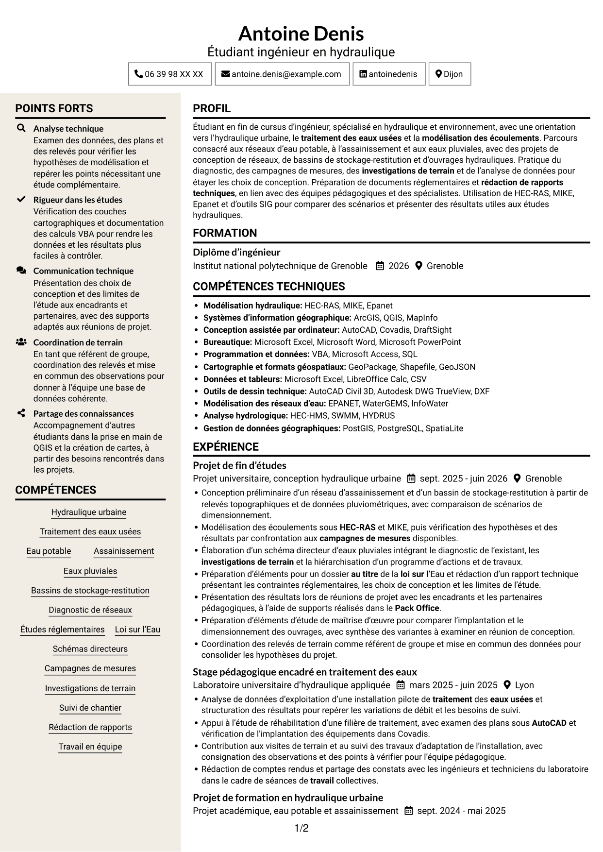CV Fonceur (format à deux colonnes avec en-tête centré sans photo) : Ingénieur en hydraulique urbaine et traitement, page 1