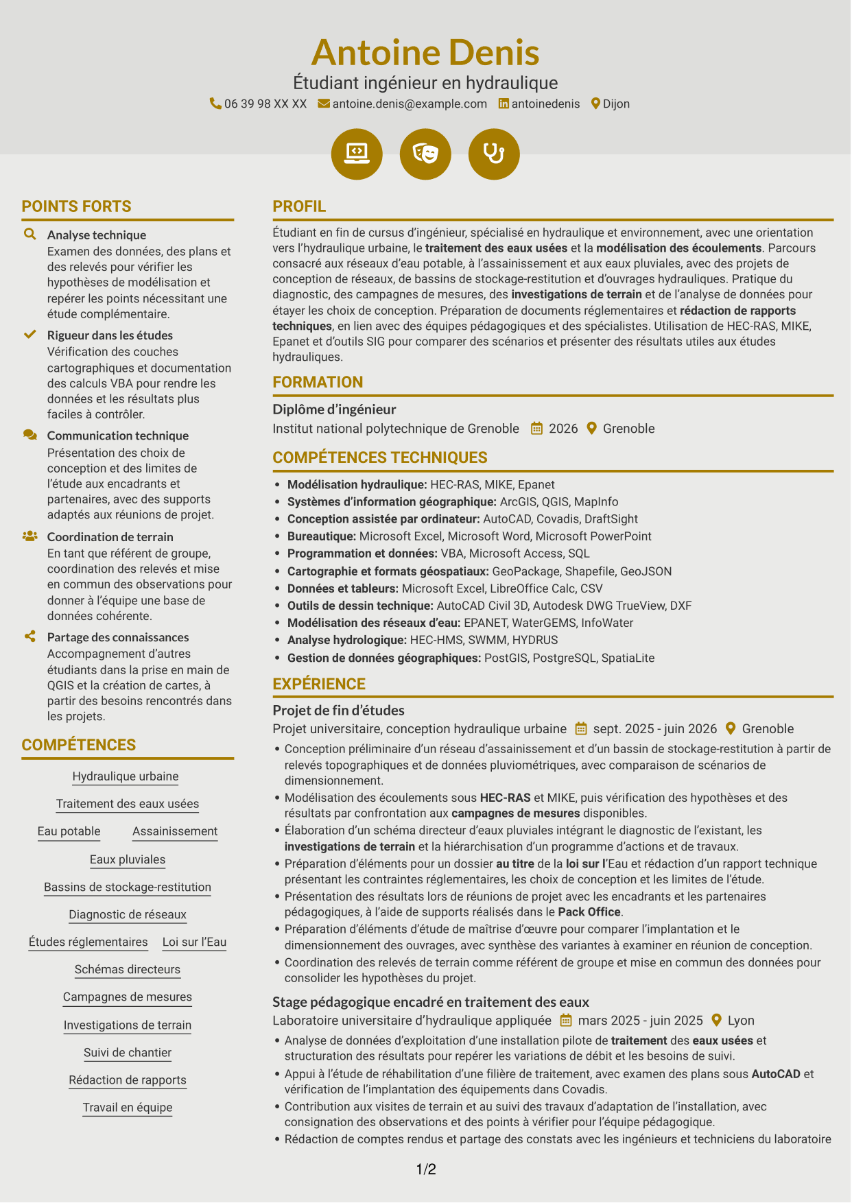 CV Dynamique (format à deux colonnes avec icônes) : Ingénieur en hydraulique urbaine et traitement, page 1