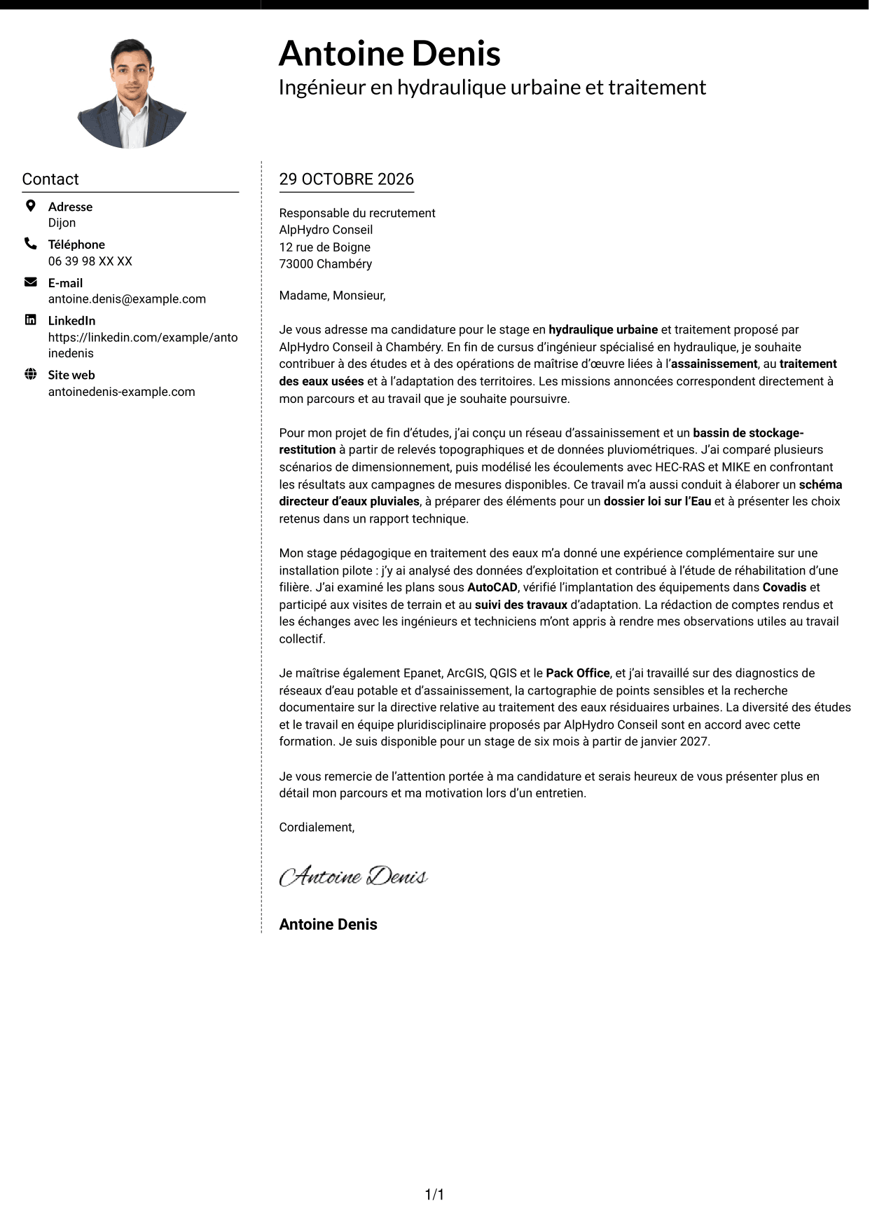 Lettre de motivation Moderne (format à deux colonnes avec photo à gauche et séparateur) : Ingénieur en hydraulique urbaine et traitement, page 1