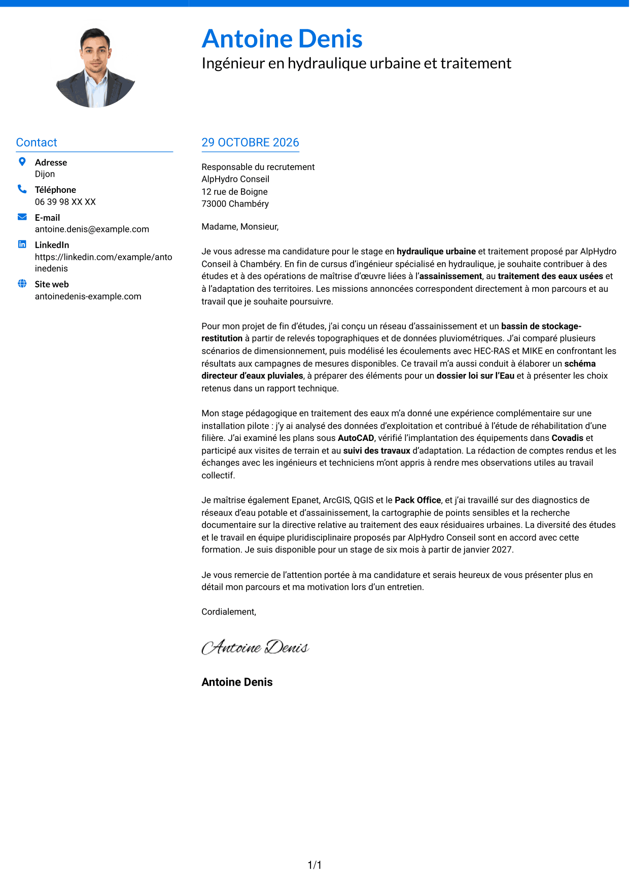 Lettre de motivation Audacieux (format à deux colonnes avec accents colorés et photo) : Ingénieur en hydraulique urbaine et traitement, page 1