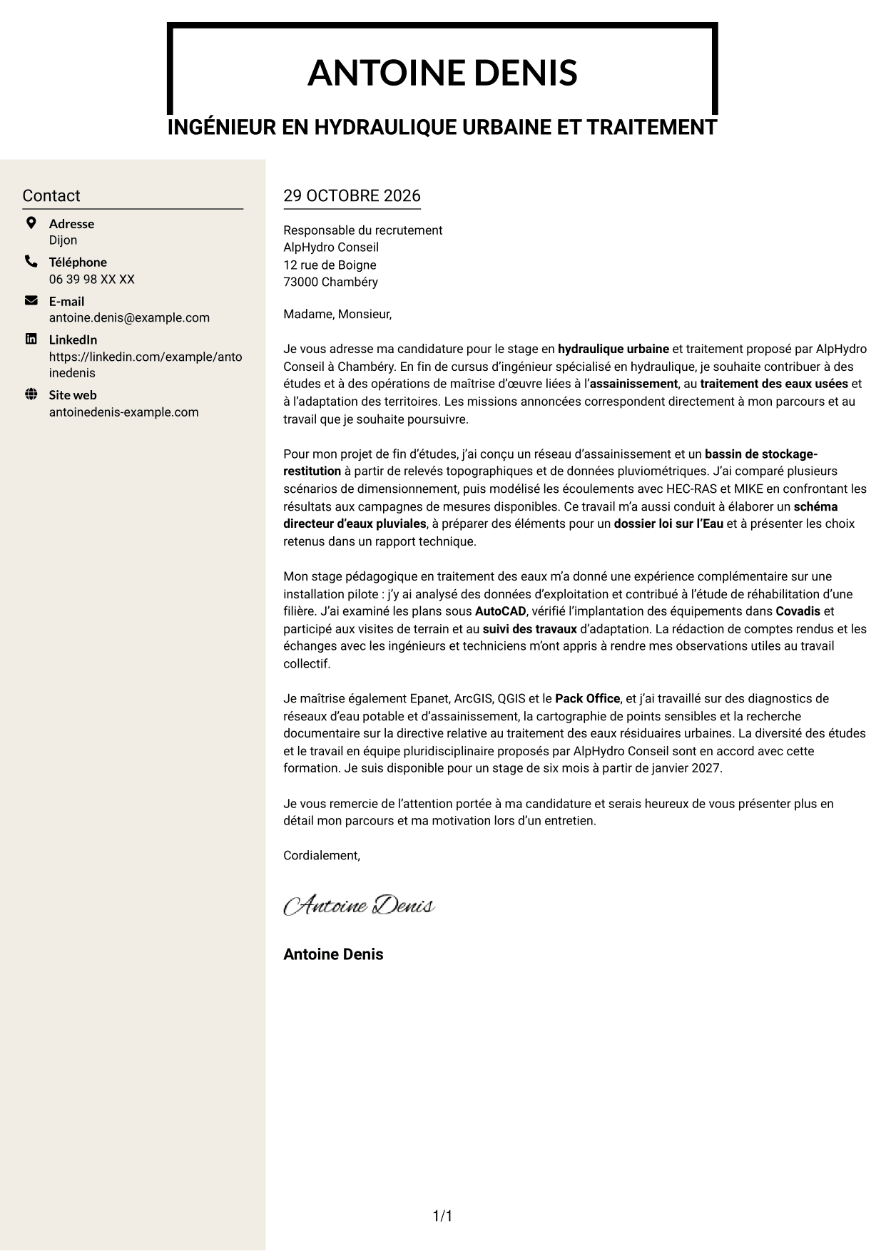 Lettre de motivation Fonceur (format à deux colonnes avec en-tête centré sans photo) : Ingénieur en hydraulique urbaine et traitement, page 1