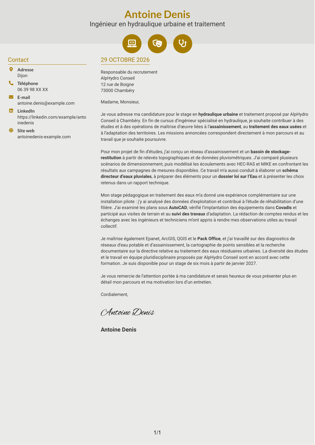 Lettre de motivation Dynamique (format à deux colonnes avec icônes) : Ingénieur en hydraulique urbaine et traitement, page 1