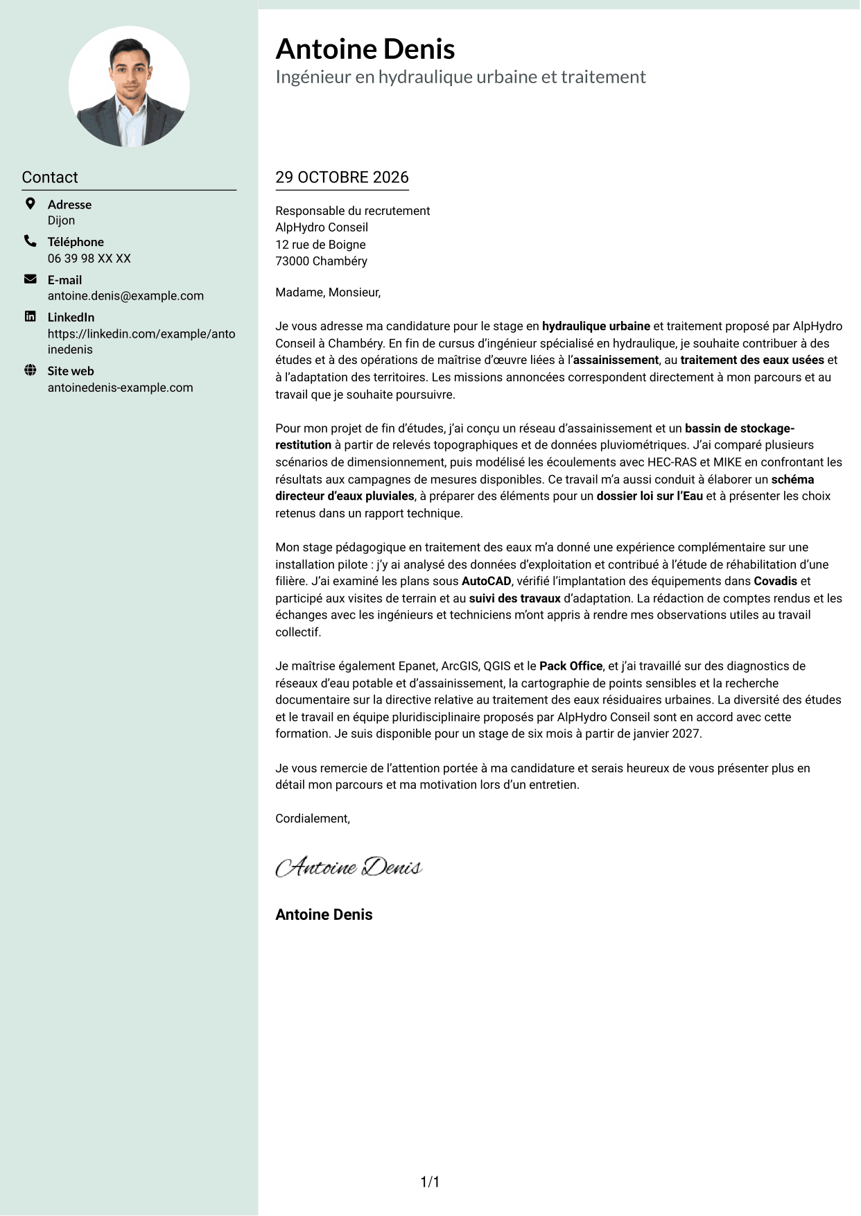 Lettre de motivation Cadre (format à colonne latérale douce avec photo arrondie) : Ingénieur en hydraulique urbaine et traitement, page 1