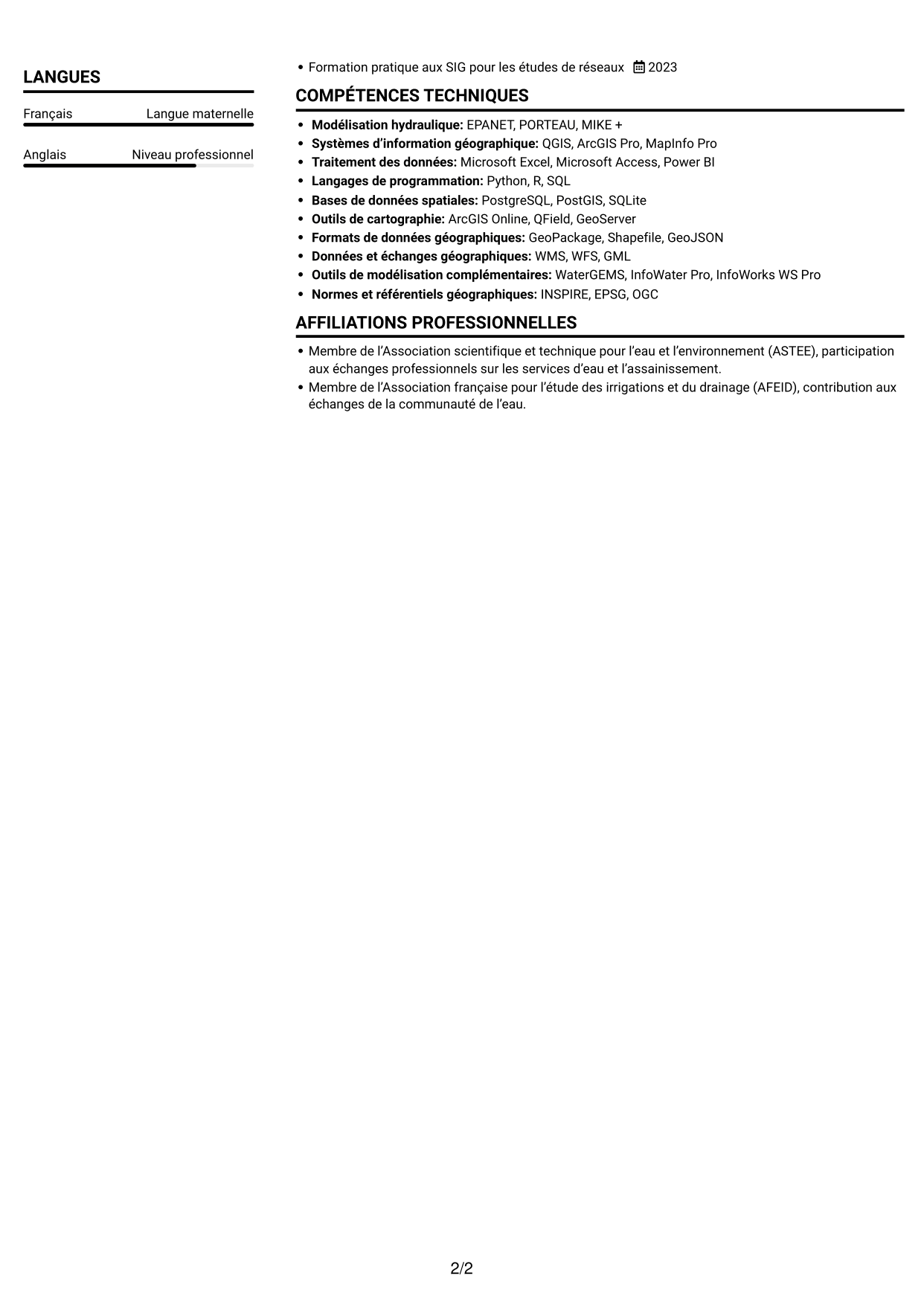 CV Compact (format sobre à deux colonnes avec photo) : Ingénieur en hydraulique urbaine - Modélisation de l'eau potable, page 2