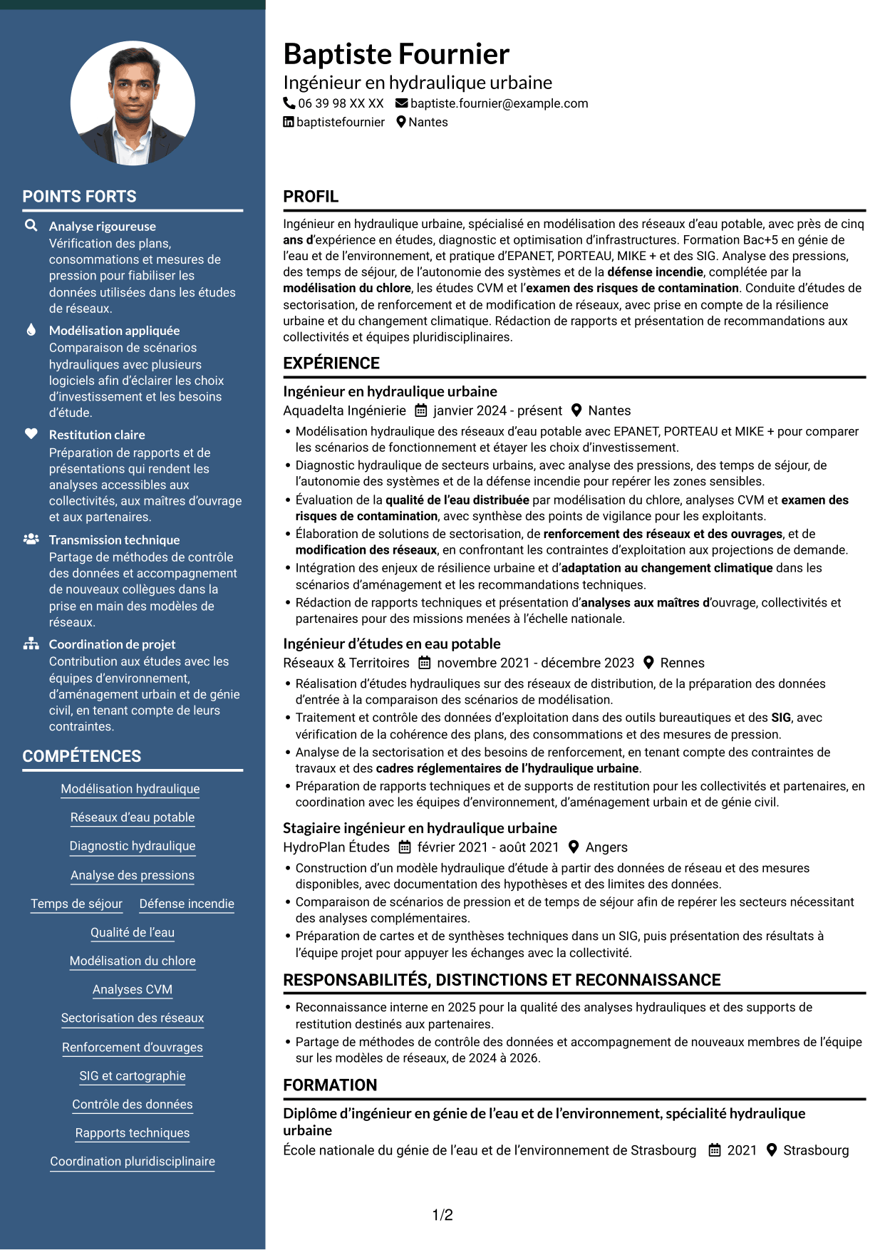 CV Élégant (format à colonne latérale colorée avec photo) : Ingénieur en hydraulique urbaine - Modélisation de l'eau potable, page 1