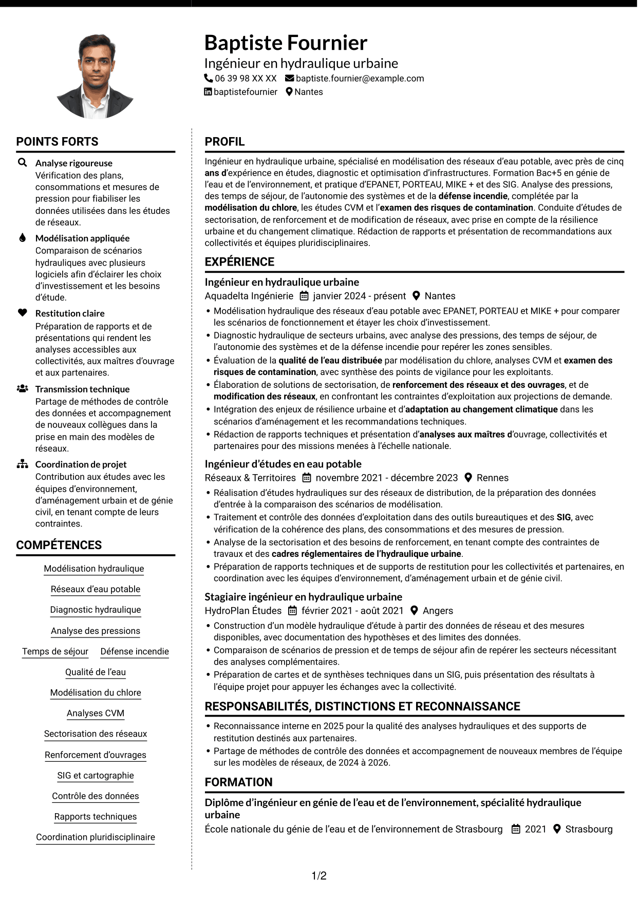 CV Moderne (format à deux colonnes avec photo à gauche et séparateur) : Ingénieur en hydraulique urbaine - Modélisation de l'eau potable, page 1