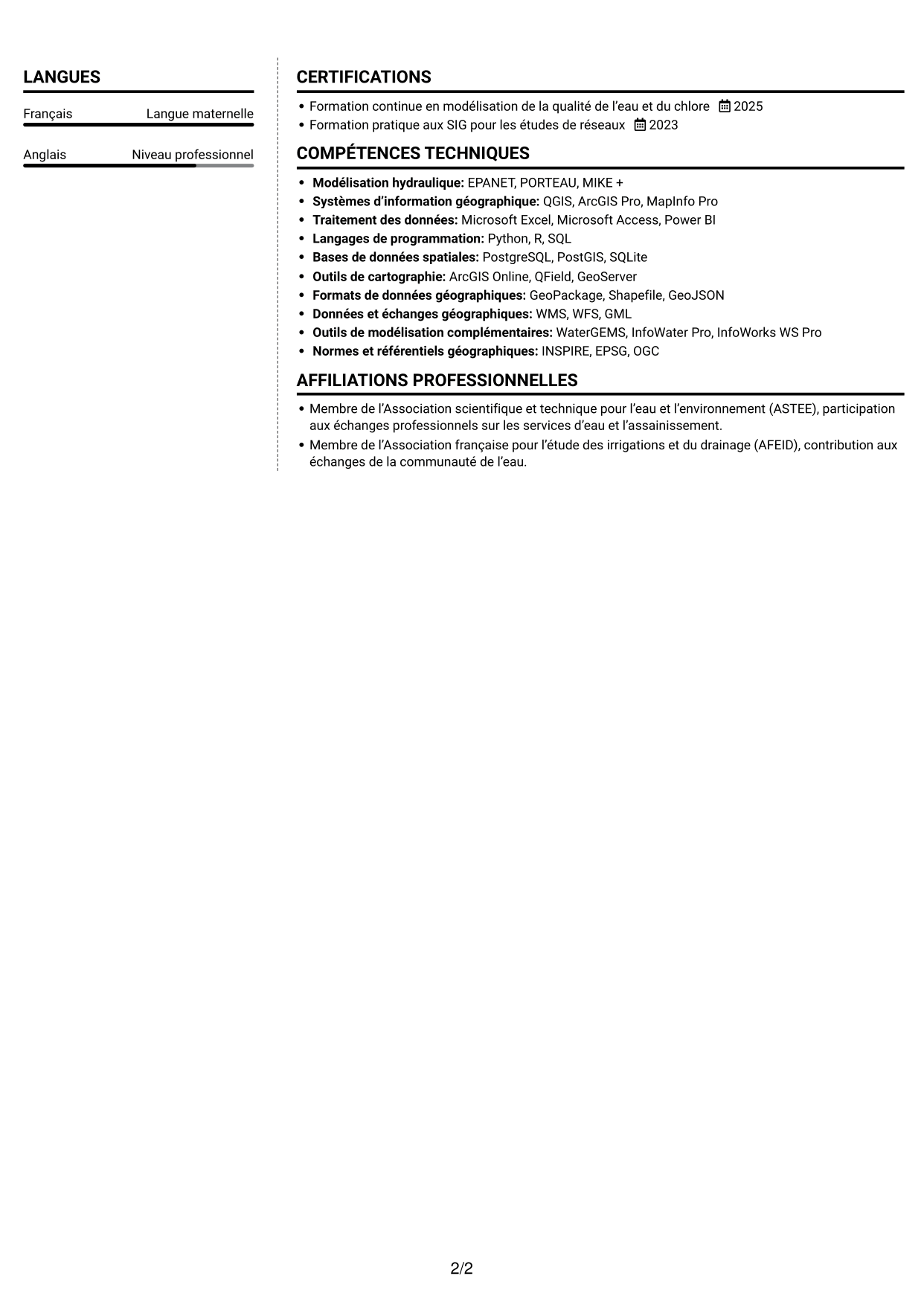 CV Moderne (format à deux colonnes avec photo à gauche et séparateur) : Ingénieur en hydraulique urbaine - Modélisation de l'eau potable, page 2