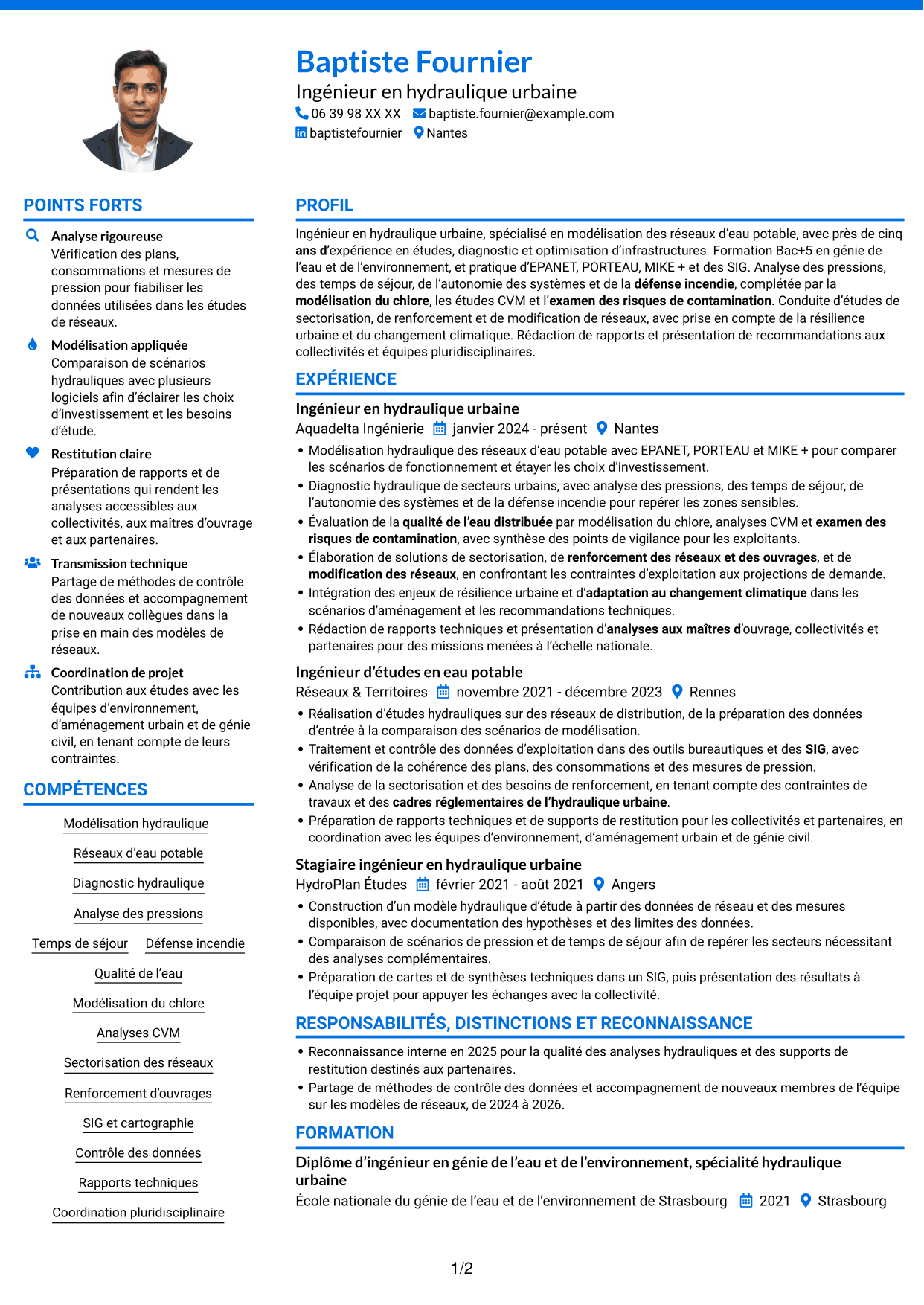 CV Audacieux (format à deux colonnes avec accents colorés et photo) : Ingénieur en hydraulique urbaine - Modélisation de l'eau potable, page 1