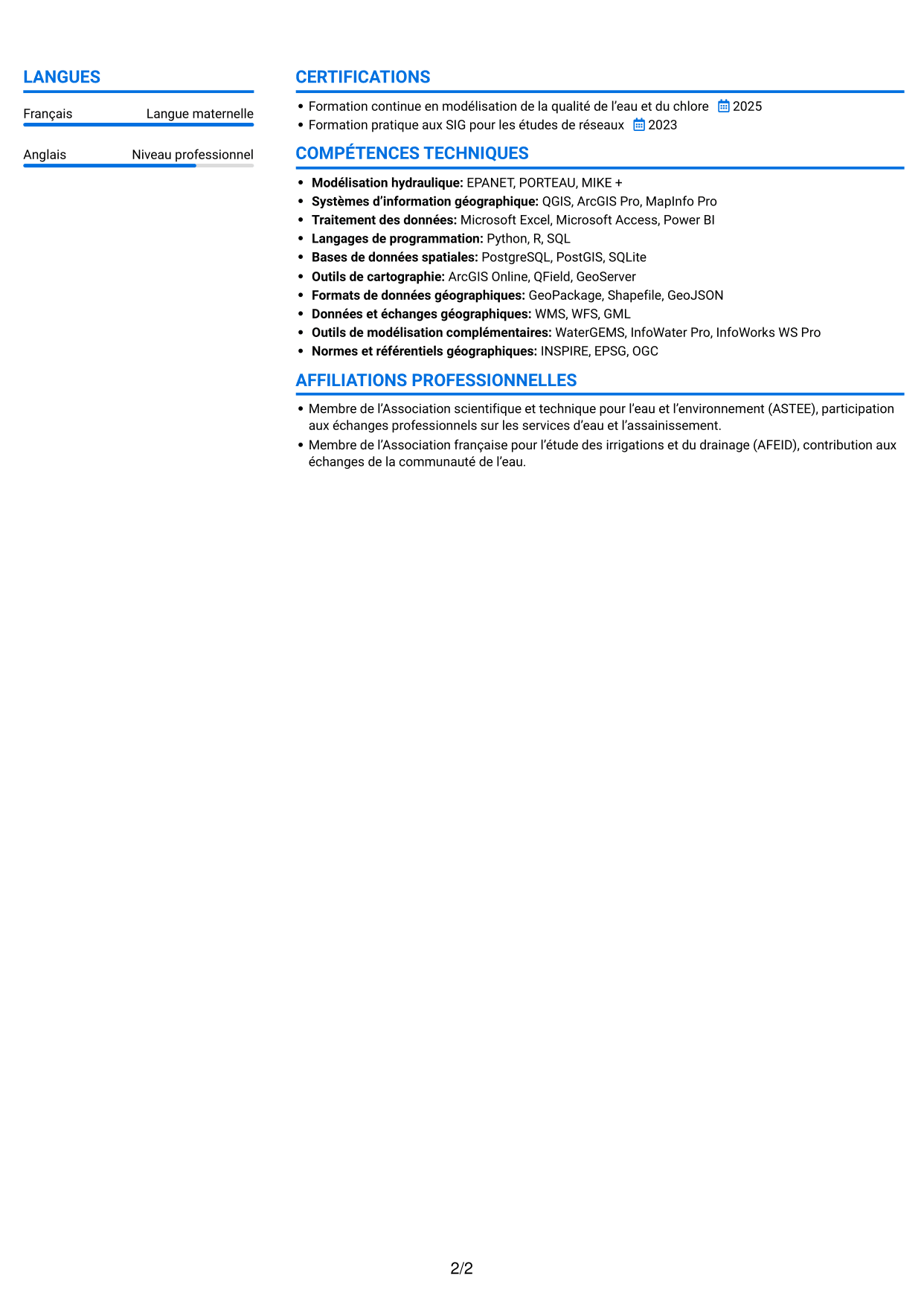 CV Audacieux (format à deux colonnes avec accents colorés et photo) : Ingénieur en hydraulique urbaine - Modélisation de l'eau potable, page 2