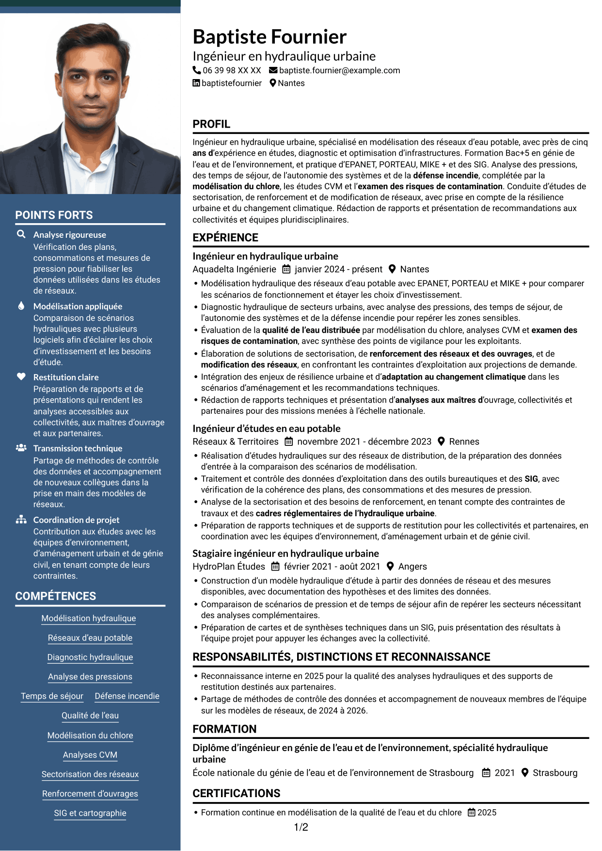 CV Signature (format à colonne latérale colorée avec grande photo) : Ingénieur en hydraulique urbaine - Modélisation de l'eau potable, page 1