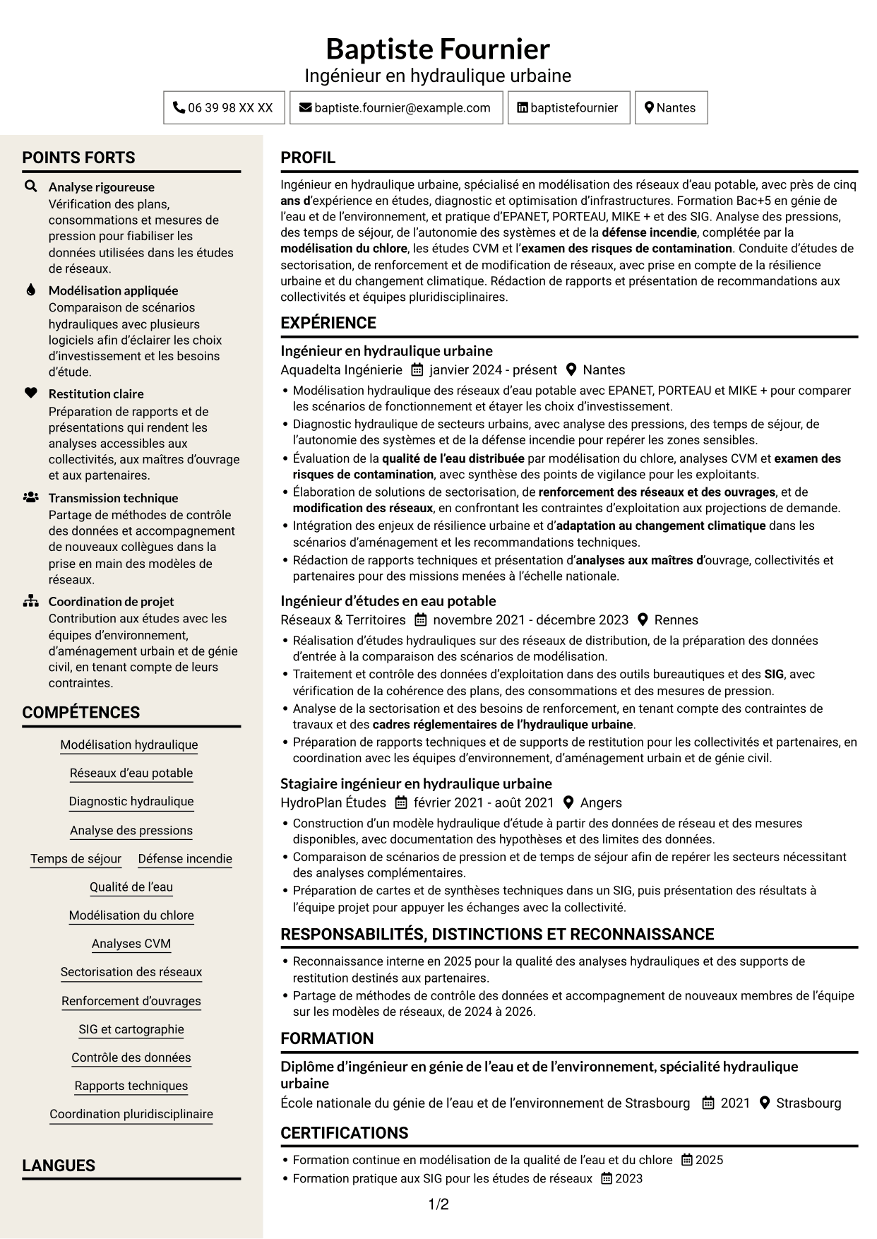 CV Fonceur (format à deux colonnes avec en-tête centré sans photo) : Ingénieur en hydraulique urbaine - Modélisation de l'eau potable, page 1