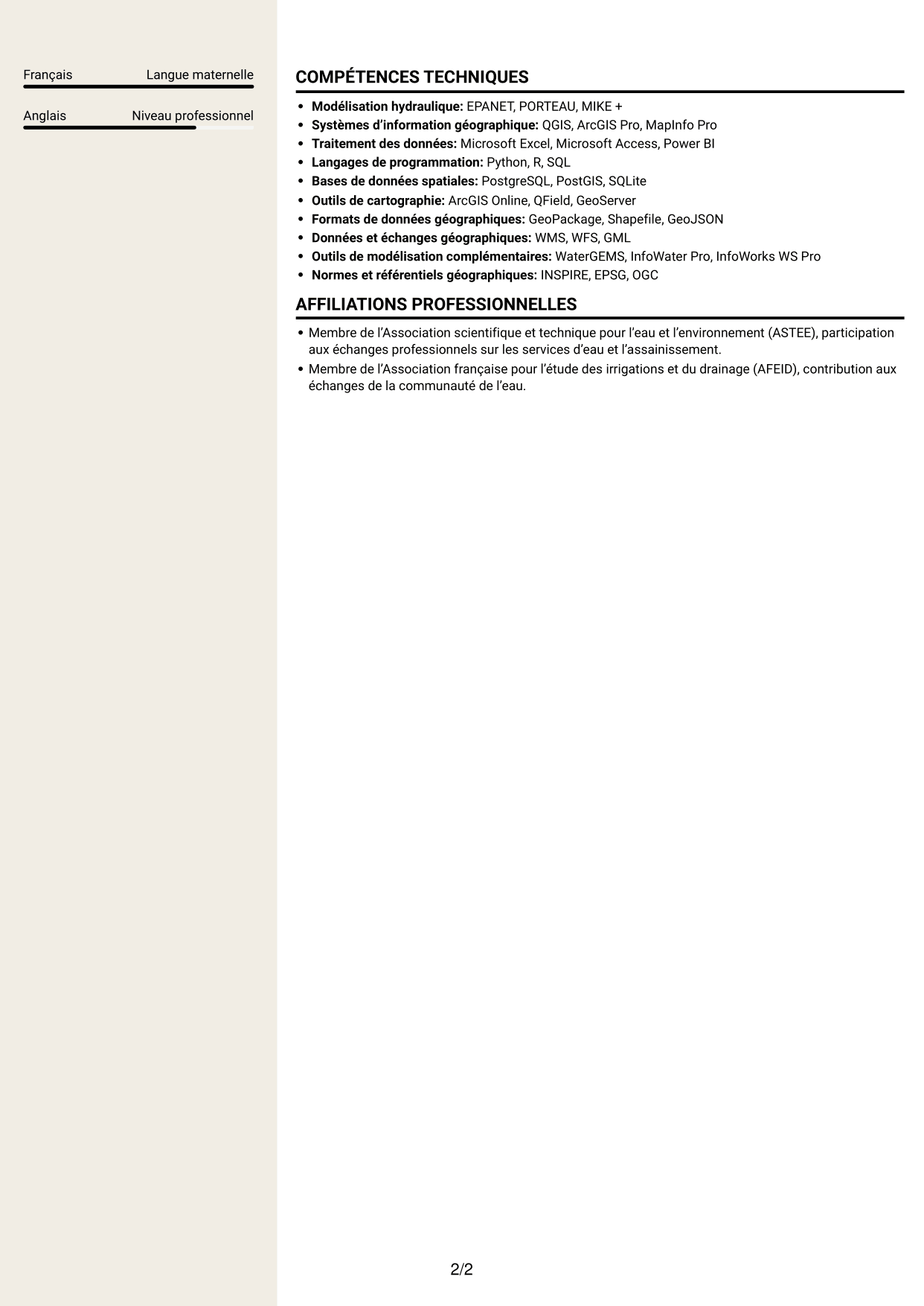 CV Fonceur (format à deux colonnes avec en-tête centré sans photo) : Ingénieur en hydraulique urbaine - Modélisation de l'eau potable, page 2