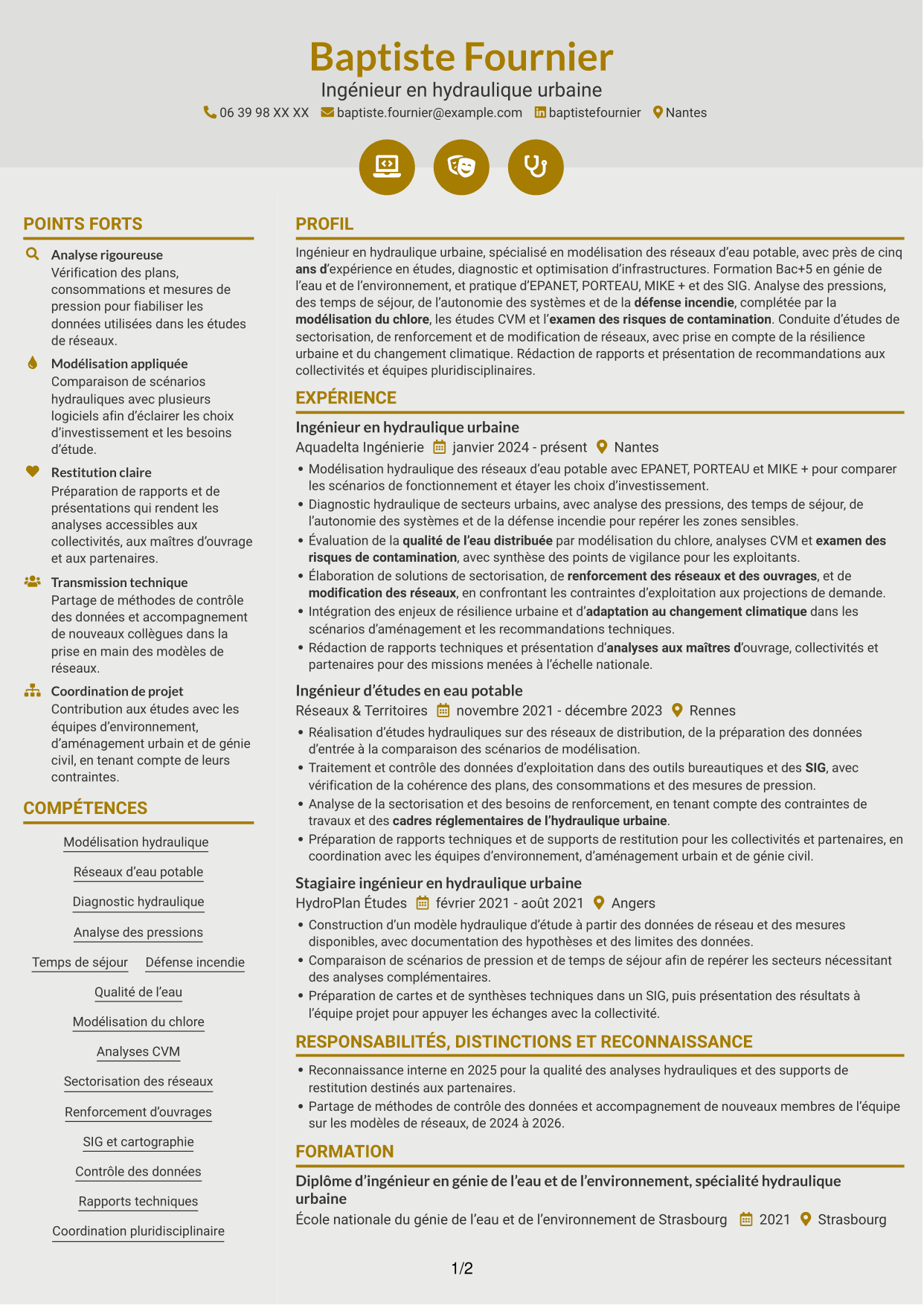 CV Dynamique (format à deux colonnes avec icônes) : Ingénieur en hydraulique urbaine - Modélisation de l'eau potable, page 1
