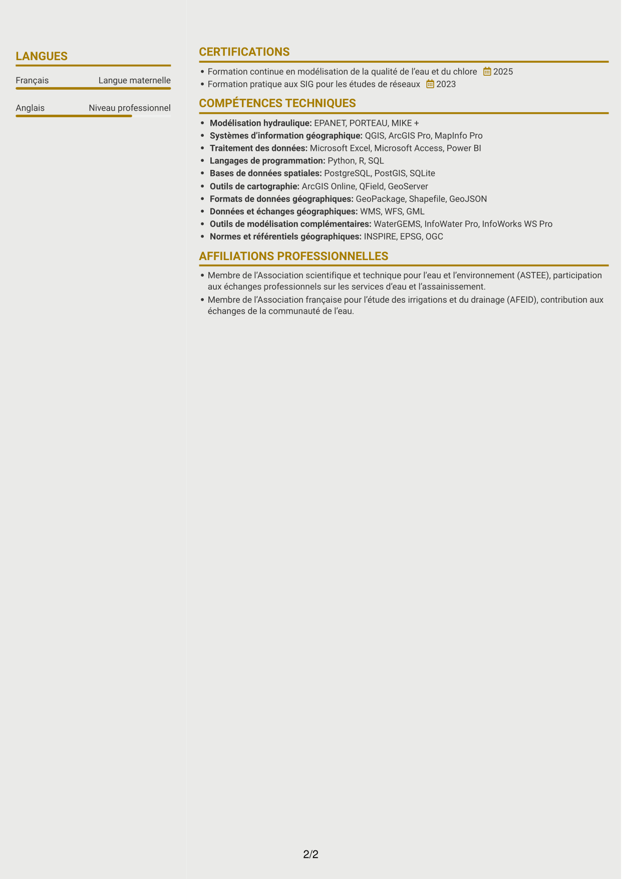 CV Dynamique (format à deux colonnes avec icônes) : Ingénieur en hydraulique urbaine - Modélisation de l'eau potable, page 2
