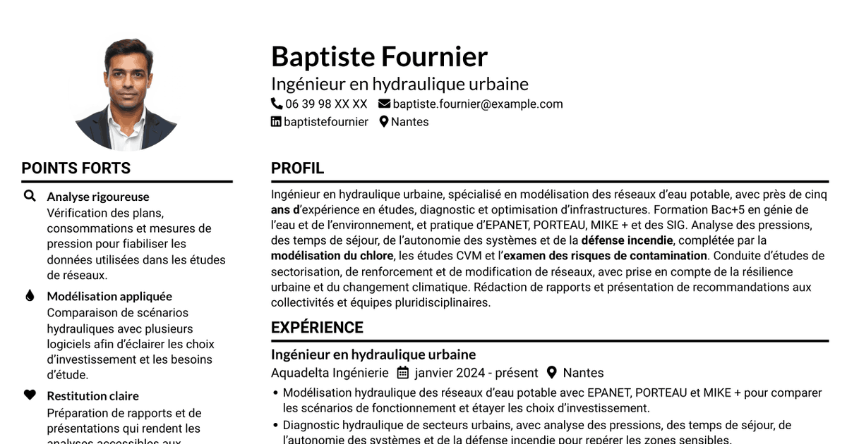 7 modèles de CV pour Ingénieur en hydraulique urbaine - Modélisation de l'eau potable, avec exemples