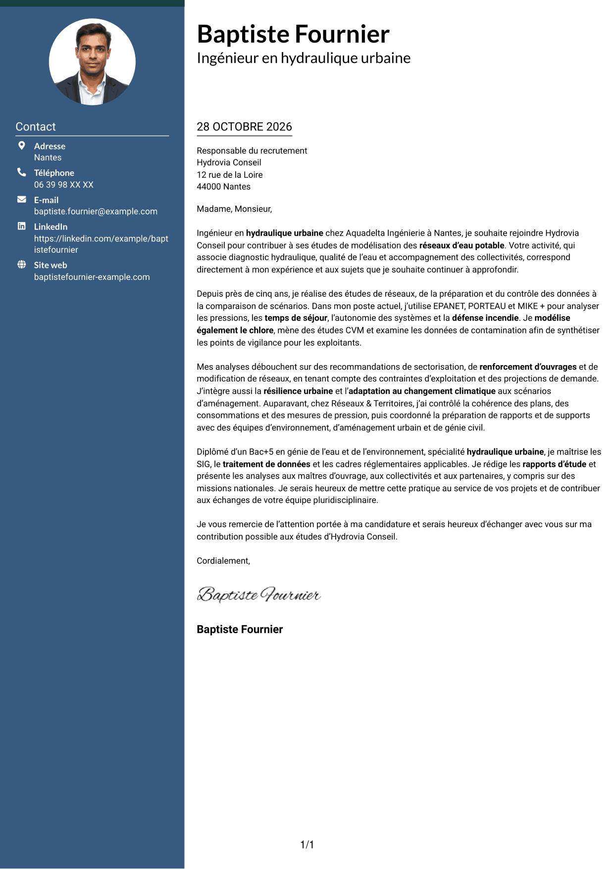 Lettre de motivation Élégant (format à colonne latérale colorée avec photo) : Ingénieur en hydraulique urbaine - Modélisation de l'eau potable, page 1