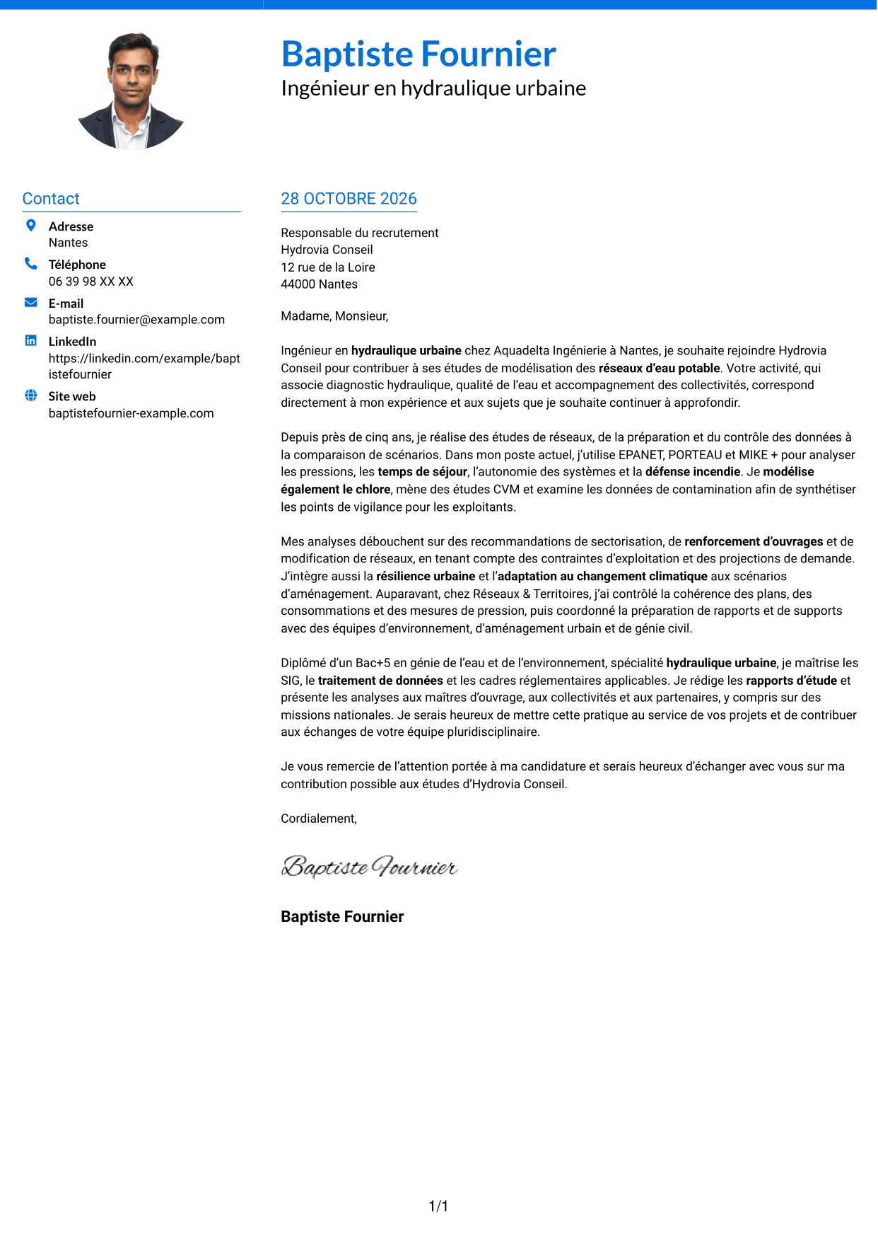 Lettre de motivation Audacieux (format à deux colonnes avec accents colorés et photo) : Ingénieur en hydraulique urbaine - Modélisation de l'eau potable, page 1