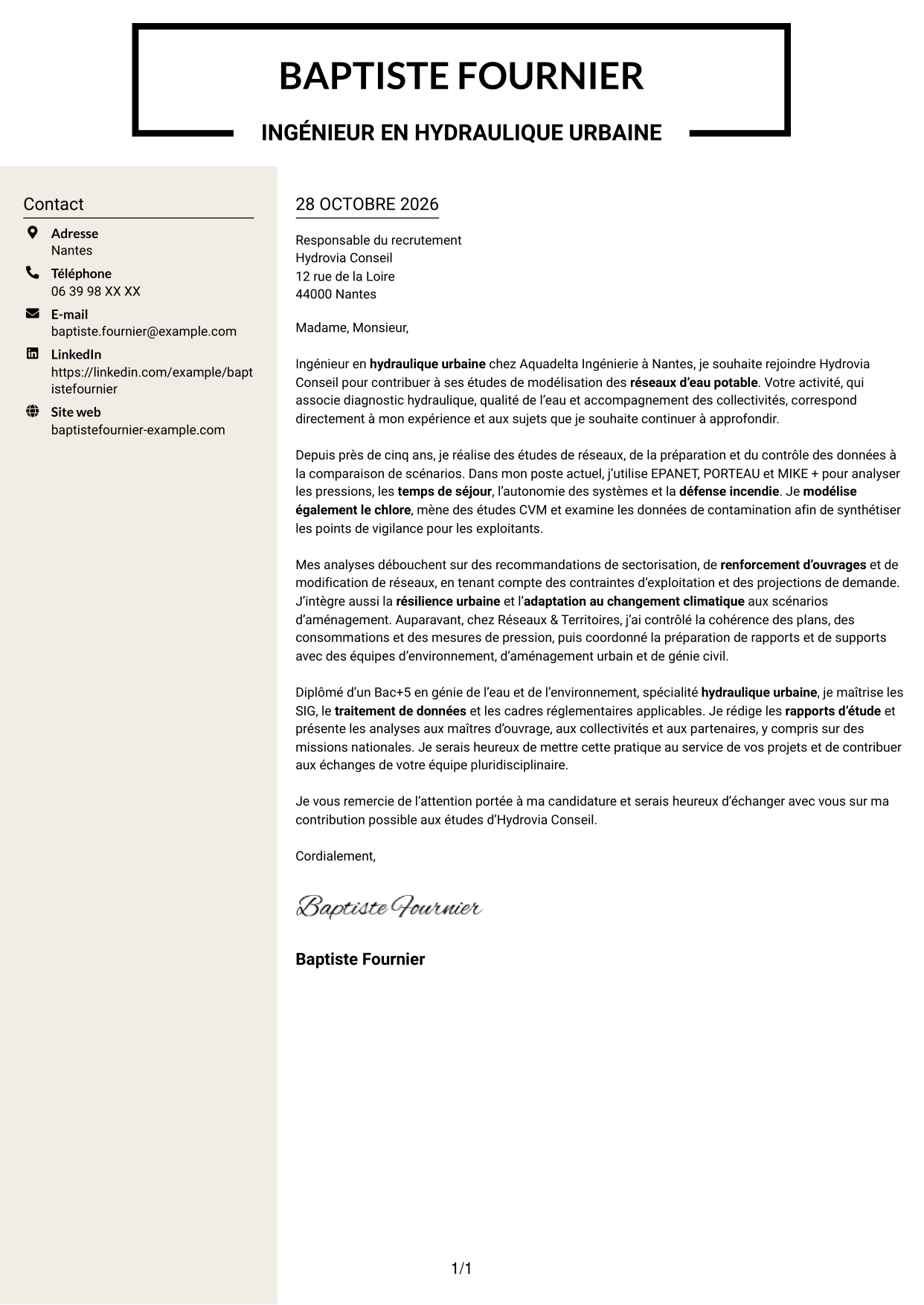 Lettre de motivation Fonceur (format à deux colonnes avec en-tête centré sans photo) : Ingénieur en hydraulique urbaine - Modélisation de l'eau potable, page 1