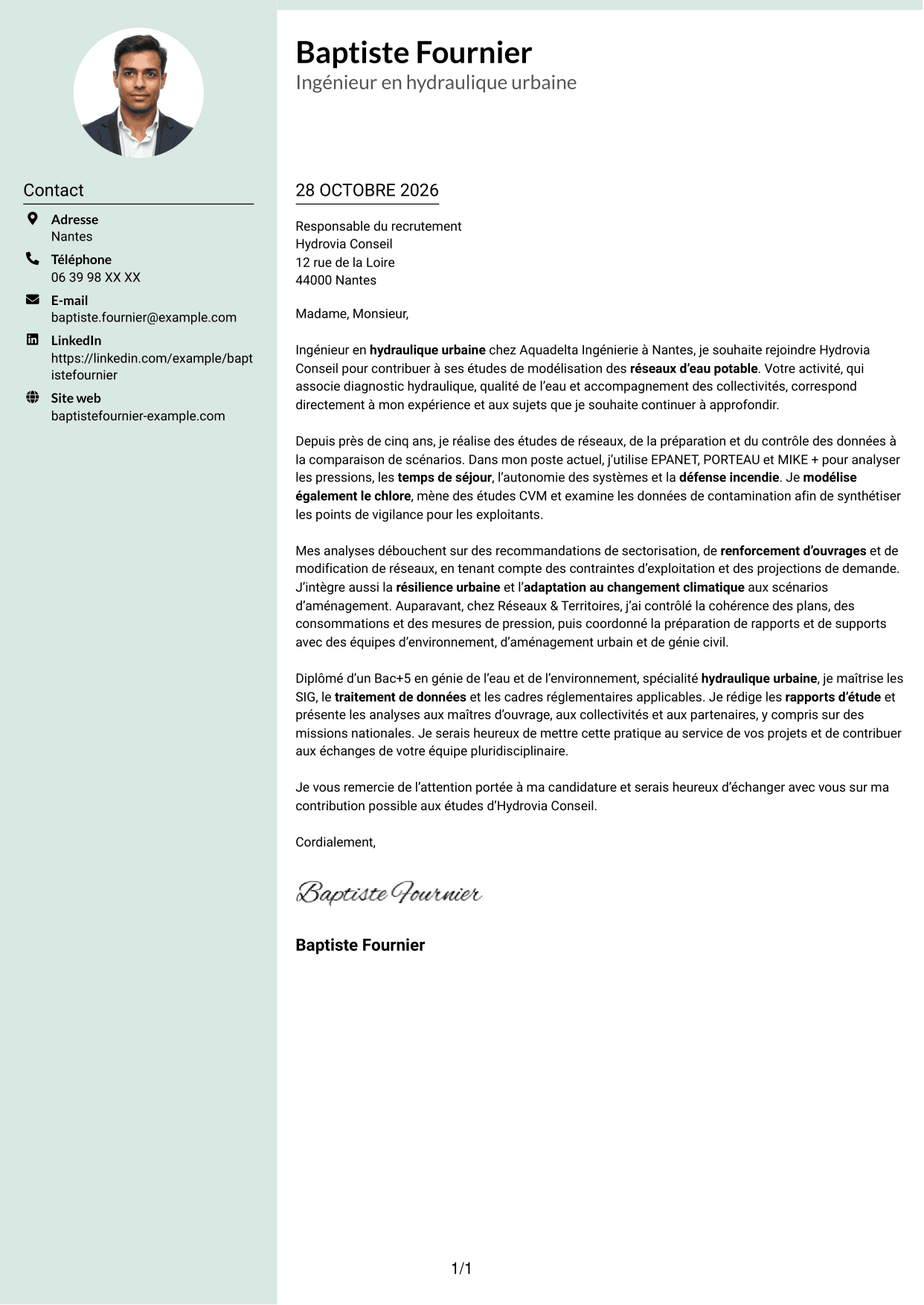Lettre de motivation Cadre (format à colonne latérale douce avec photo arrondie) : Ingénieur en hydraulique urbaine - Modélisation de l'eau potable, page 1