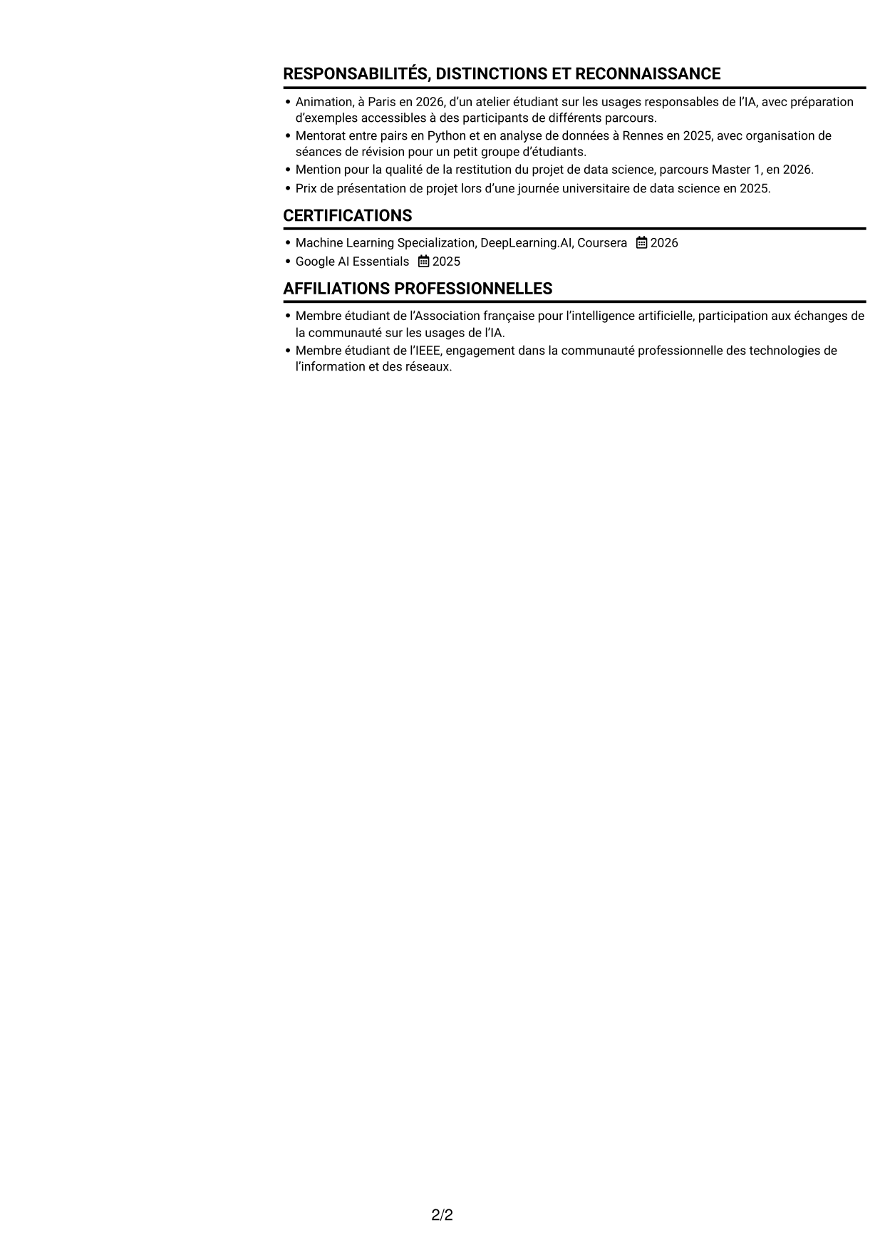 CV Compact (format sobre à deux colonnes avec photo) : Ingénieur en IA - Réseaux, page 2