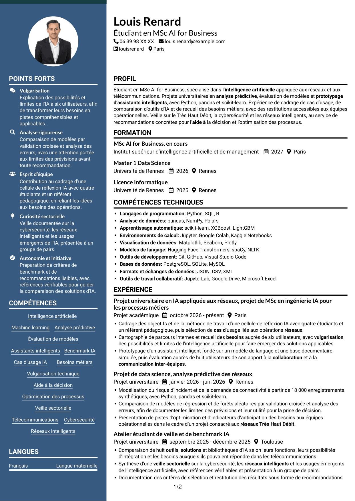CV Élégant (format à colonne latérale colorée avec photo) : Ingénieur en IA - Réseaux, page 1