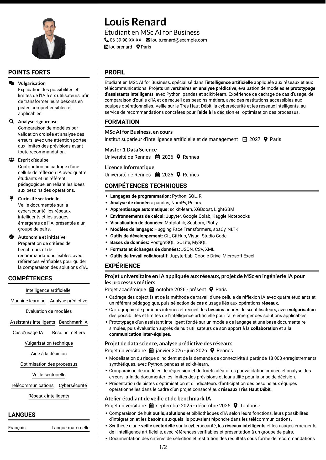 CV Moderne (format à deux colonnes avec photo à gauche et séparateur) : Ingénieur en IA - Réseaux, page 1