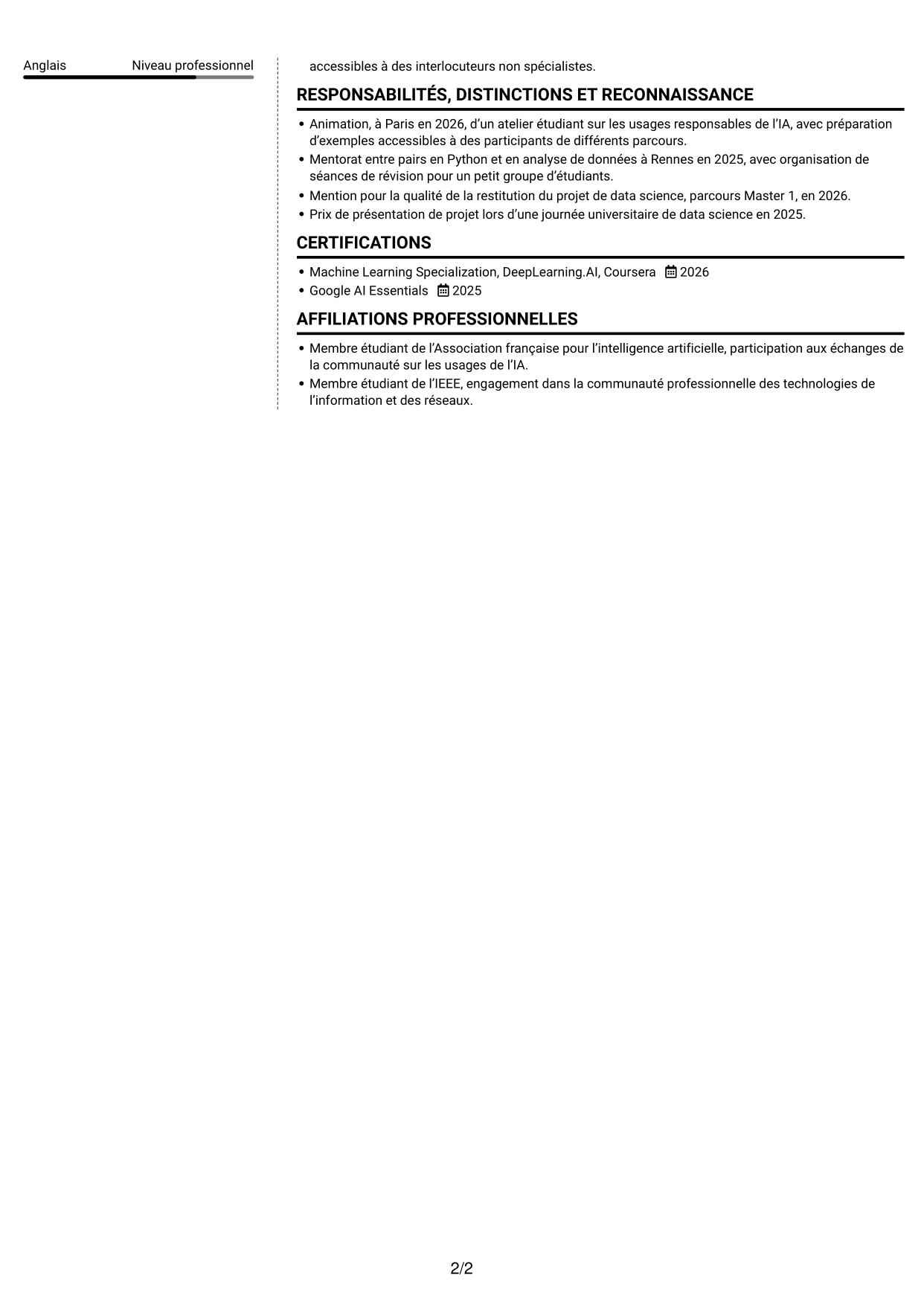 CV Moderne (format à deux colonnes avec photo à gauche et séparateur) : Ingénieur en IA - Réseaux, page 2