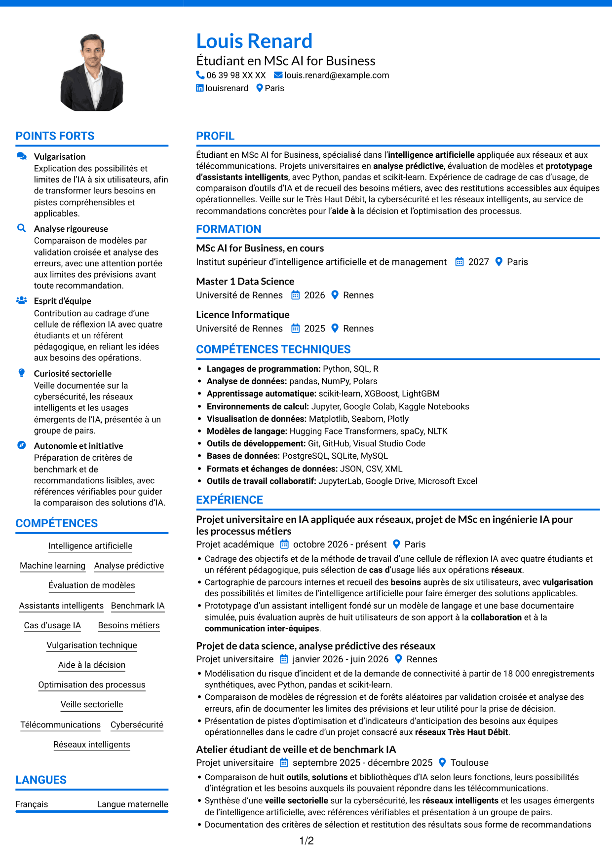 CV Audacieux (format à deux colonnes avec accents colorés et photo) : Ingénieur en IA - Réseaux, page 1
