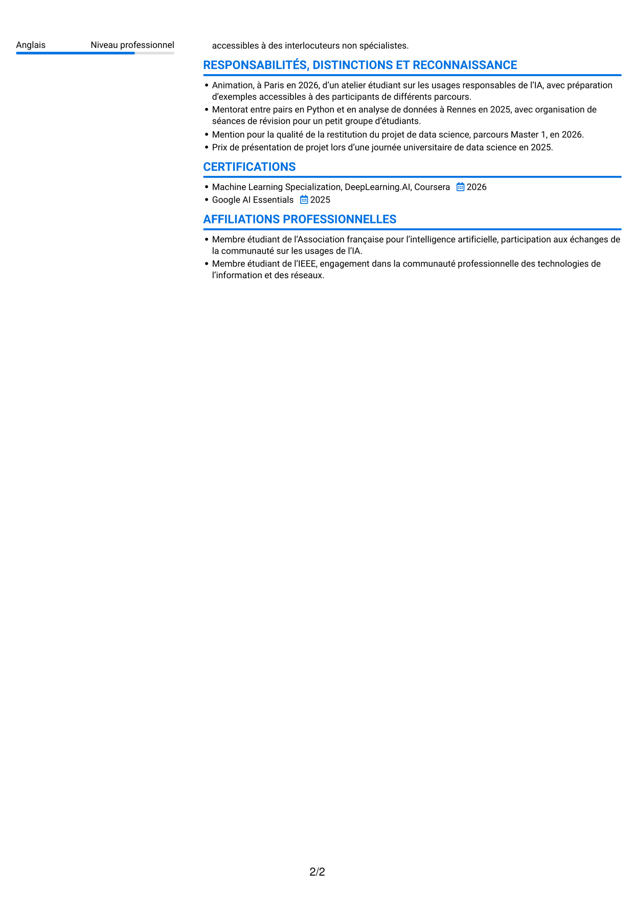 CV Audacieux (format à deux colonnes avec accents colorés et photo) : Ingénieur en IA - Réseaux, page 2