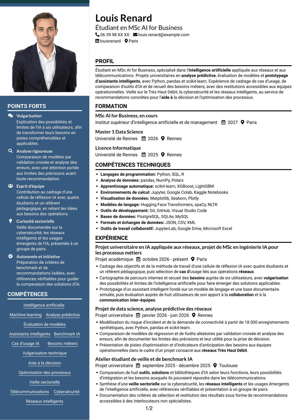CV Signature (format à colonne latérale colorée avec grande photo) : Ingénieur en IA - Réseaux, page 1