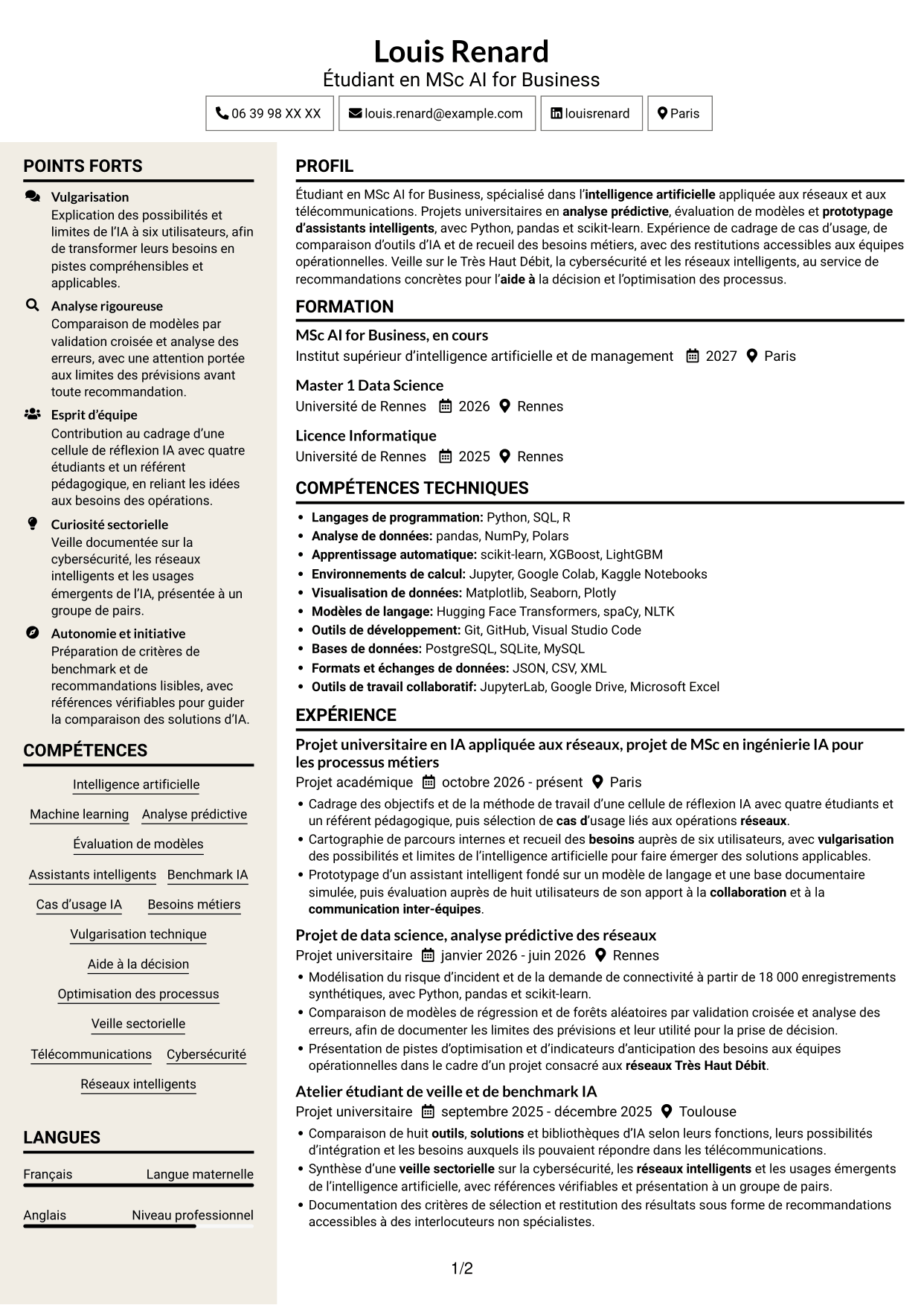 CV Fonceur (format à deux colonnes avec en-tête centré sans photo) : Ingénieur en IA - Réseaux, page 1