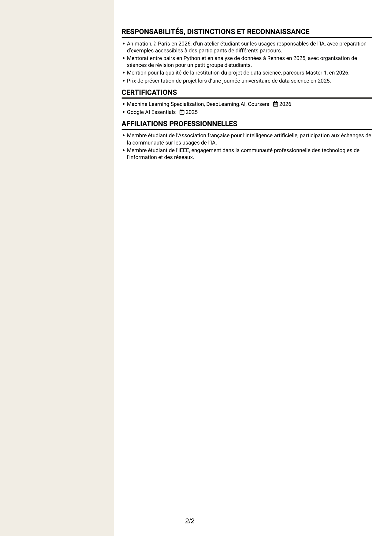 CV Fonceur (format à deux colonnes avec en-tête centré sans photo) : Ingénieur en IA - Réseaux, page 2