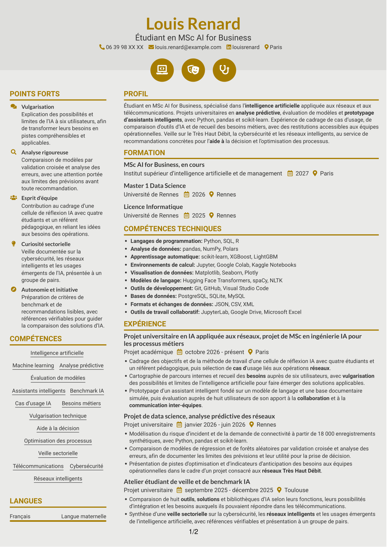 CV Dynamique (format à deux colonnes avec icônes) : Ingénieur en IA - Réseaux, page 1