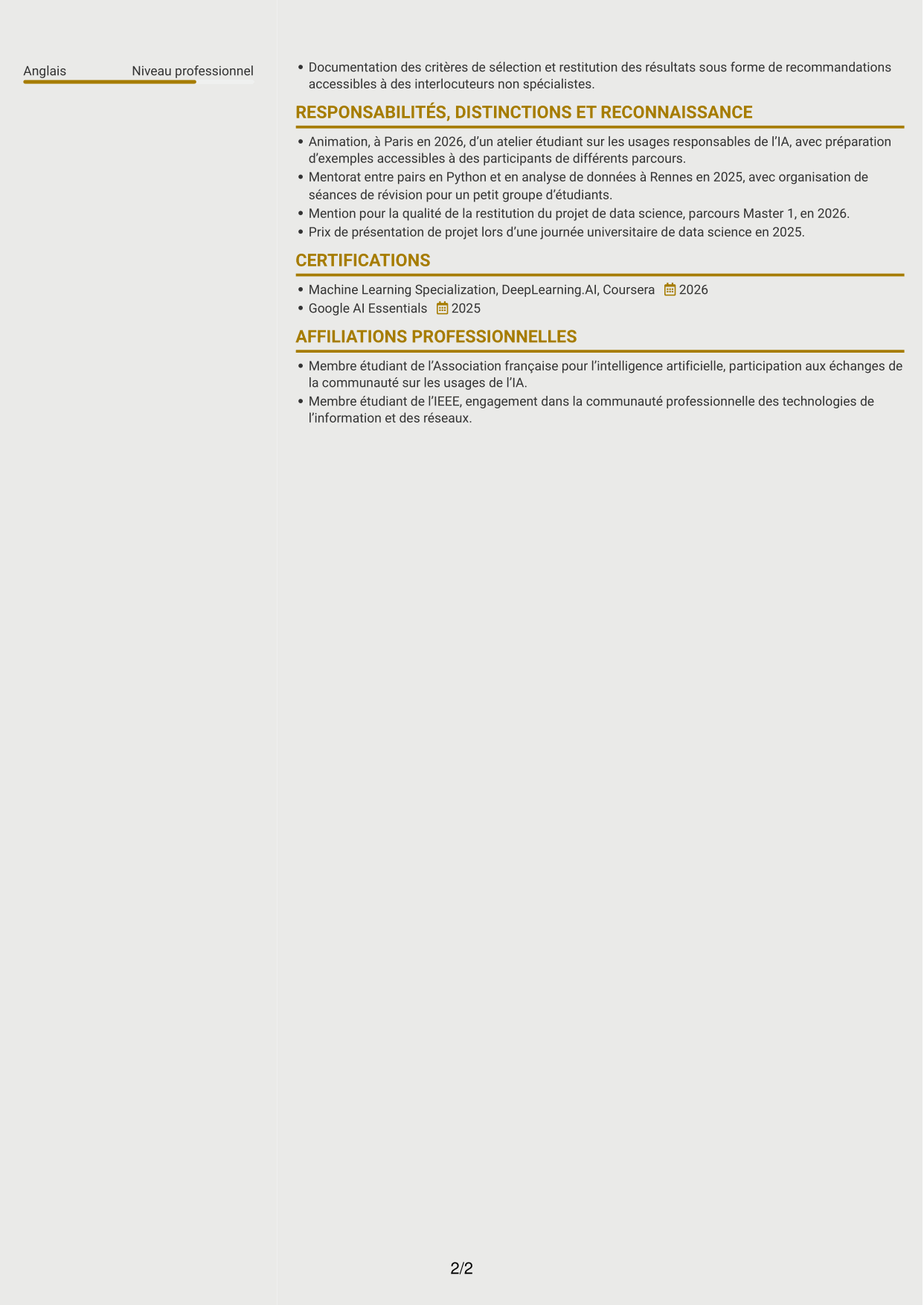 CV Dynamique (format à deux colonnes avec icônes) : Ingénieur en IA - Réseaux, page 2