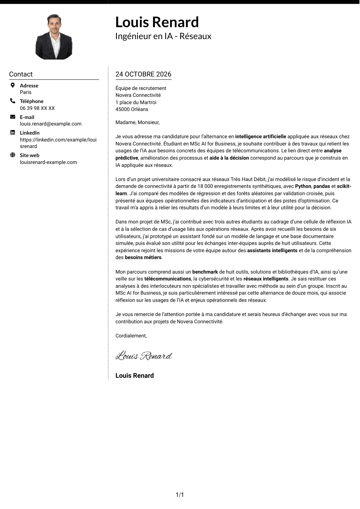 Lettre de motivation Moderne (format à deux colonnes avec photo à gauche et séparateur) : Ingénieur en IA - Réseaux, page 1
