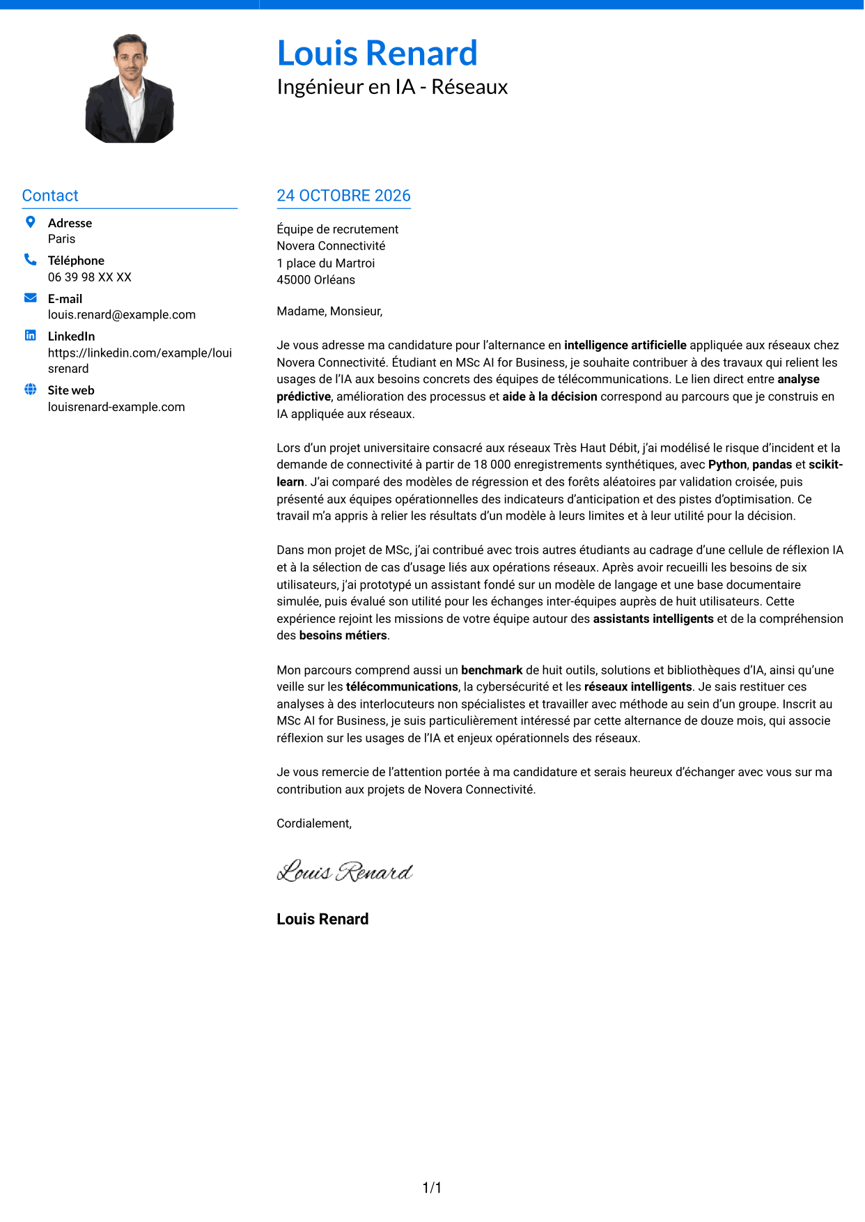 Lettre de motivation Audacieux (format à deux colonnes avec accents colorés et photo) : Ingénieur en IA - Réseaux, page 1