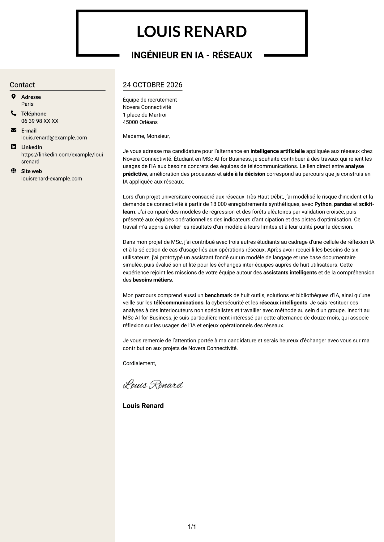 Lettre de motivation Fonceur (format à deux colonnes avec en-tête centré sans photo) : Ingénieur en IA - Réseaux, page 1